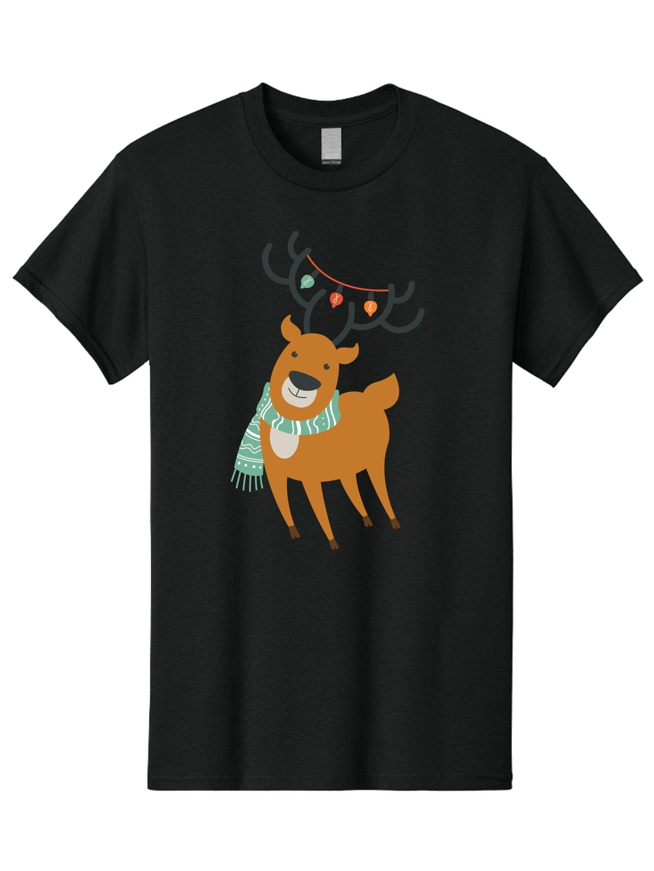 Reindeer-With-Scarf-And-Lights Men'S Graphic Tee, 100% Cotton, Comfortable Casual Summer Wear, Machine Washable, Holiday Reindeer, Christmas Decoration, Festive Scarf, String Lights, Cartoon Character, Winter Wonderland, Merry Christmas, Aad124 11