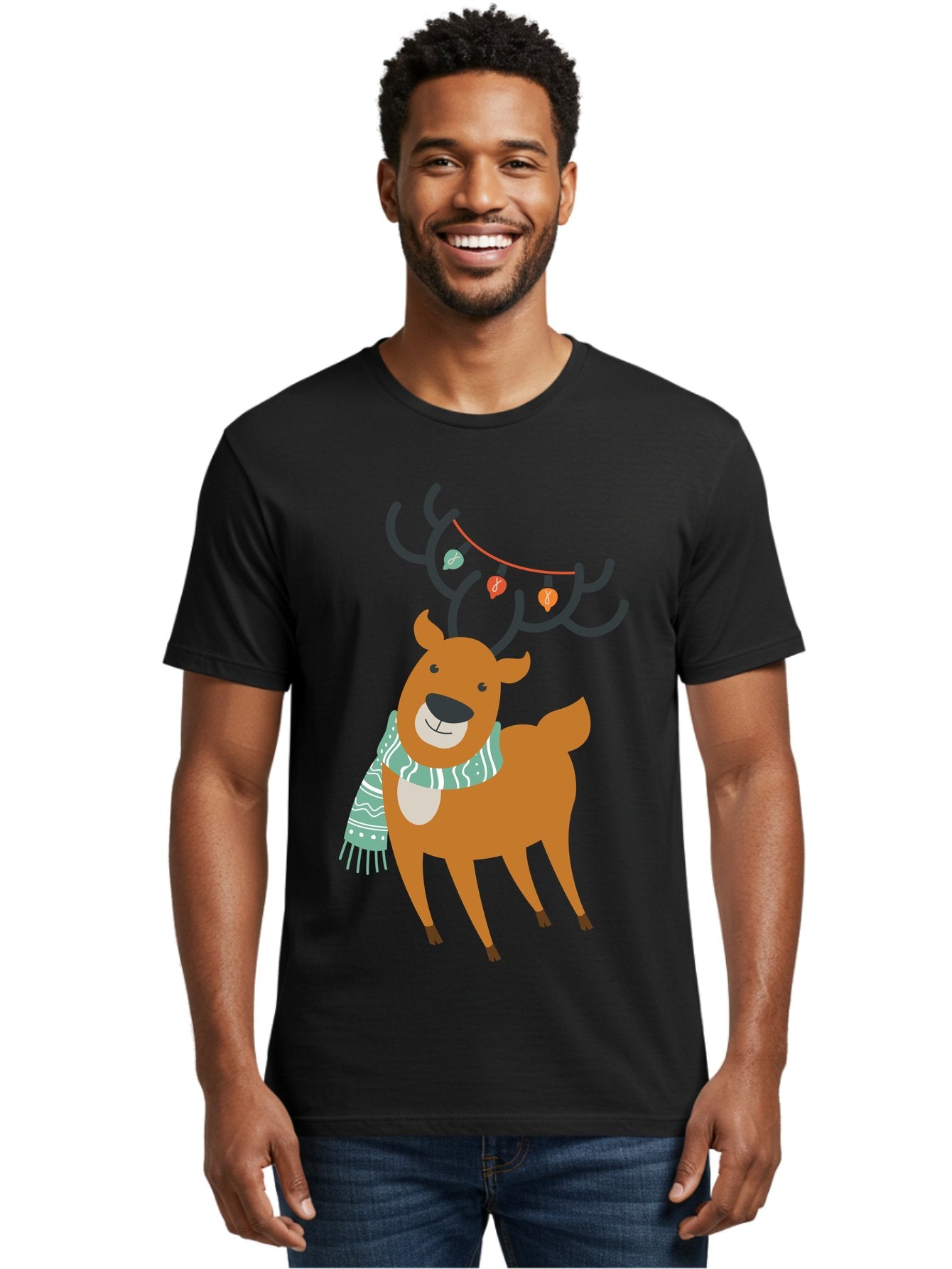 Reindeer-With-Scarf-And-Lights Men'S Graphic Tee, 100% Cotton, Comfortable Casual Summer Wear, Machine Washable, Holiday Reindeer, Christmas Decoration, Festive Scarf, String Lights, Cartoon Character, Winter Wonderland, Merry Christmas, Aad124 27