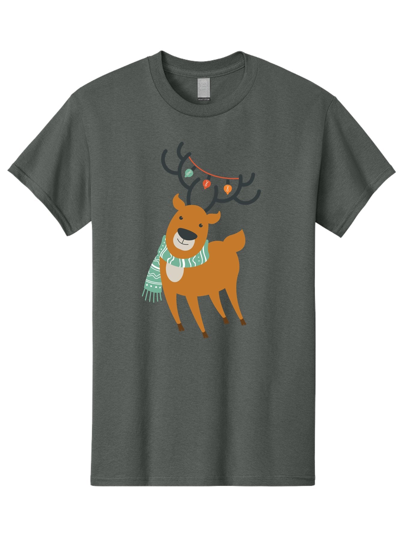 Reindeer-With-Scarf-And-Lights Men'S Graphic Tee, 100% Cotton, Comfortable Casual Summer Wear, Machine Washable, Holiday Reindeer, Christmas Decoration, Festive Scarf, String Lights, Cartoon Character, Winter Wonderland, Merry Christmas, Aad124 4
