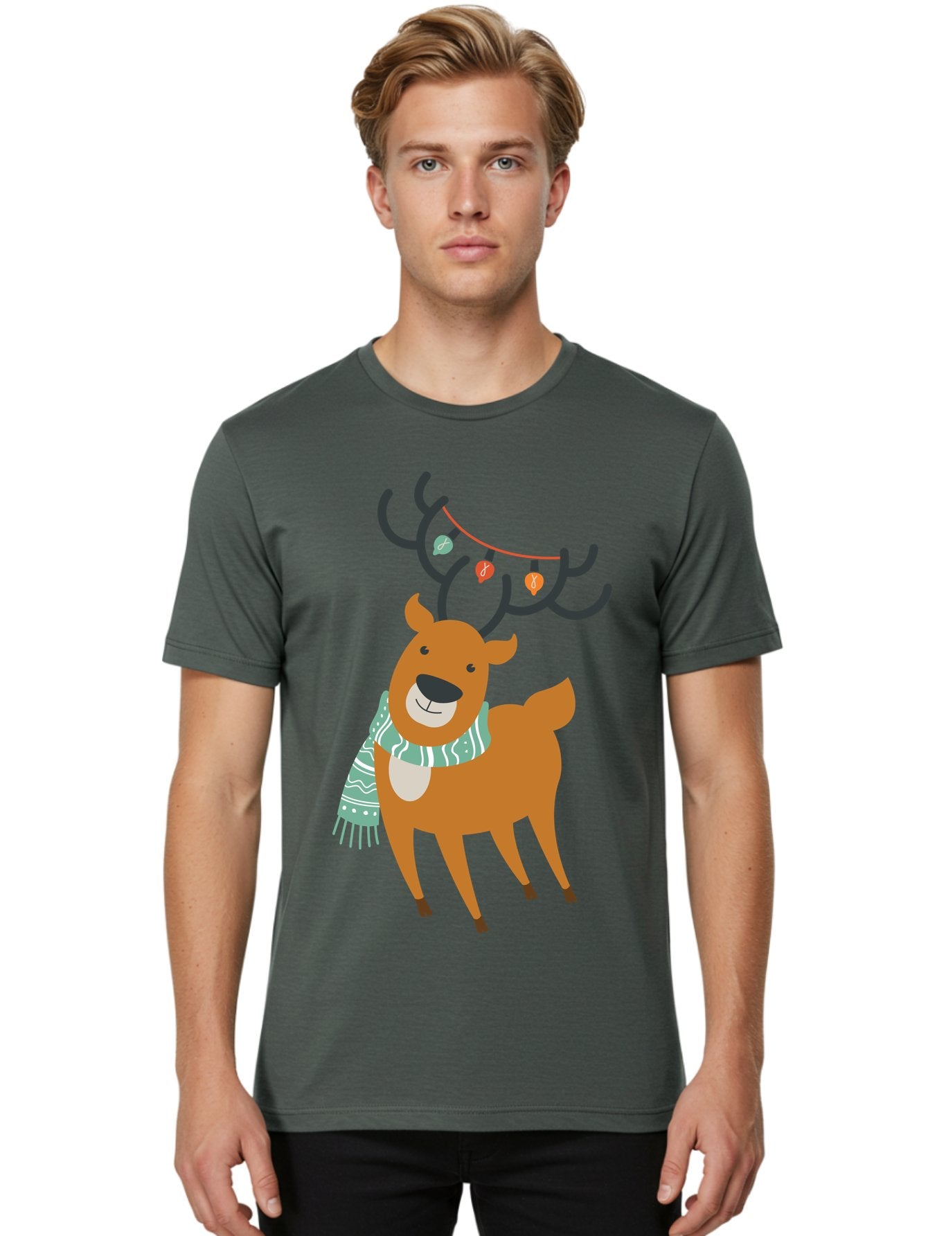 Reindeer-With-Scarf-And-Lights Men'S Graphic Tee, 100% Cotton, Comfortable Casual Summer Wear, Machine Washable, Holiday Reindeer, Christmas Decoration, Festive Scarf, String Lights, Cartoon Character, Winter Wonderland, Merry Christmas, Aad124 18