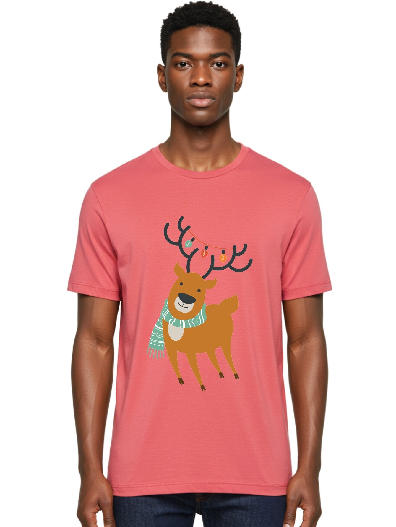 Reindeer-With-Scarf-And-Lights Men'S Graphic Tee, 100% Cotton, Comfortable Casual Summer Wear, Machine Washable, Holiday Reindeer, Christmas Decoration, Festive Scarf, String Lights, Cartoon Character, Winter Wonderland, Merry Christmas, Aad124 30