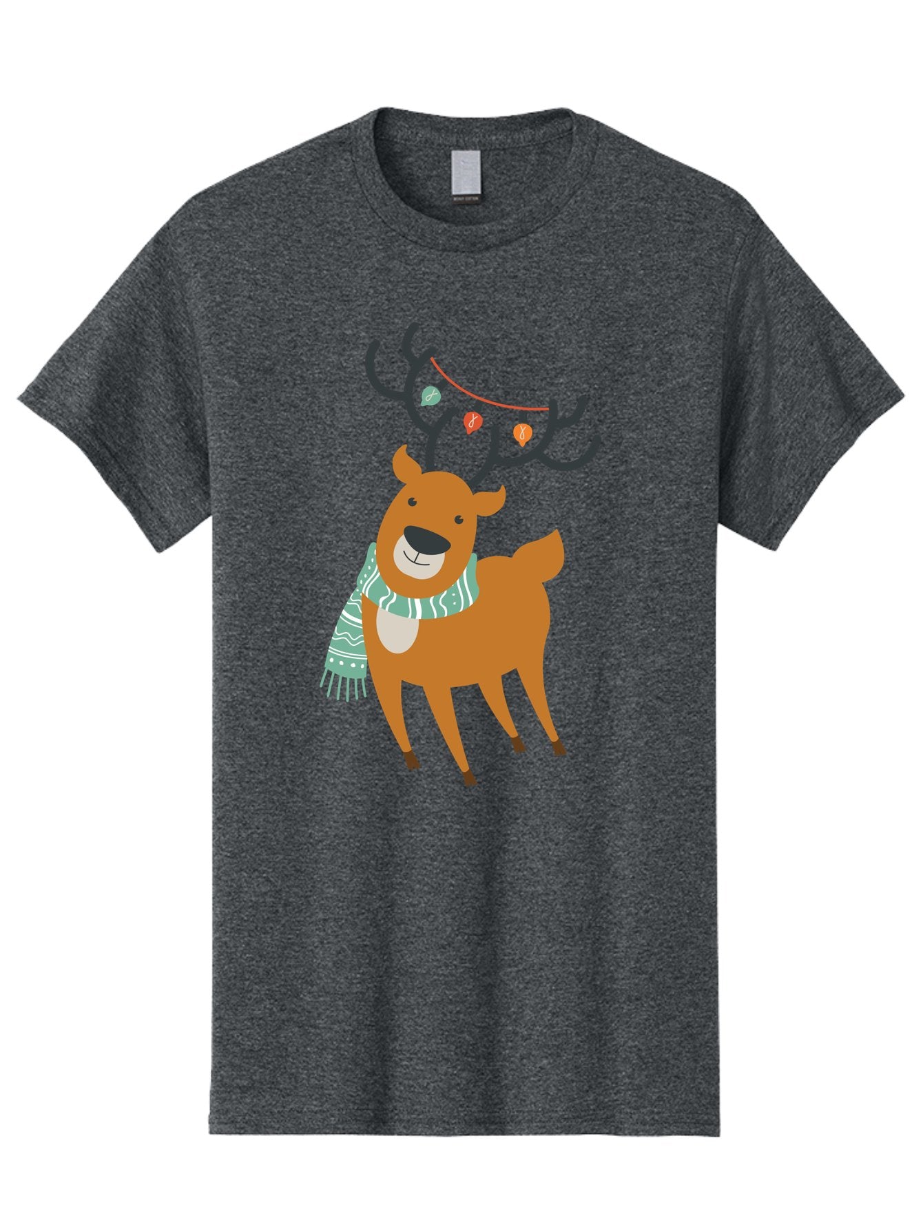 Reindeer-With-Scarf-And-Lights Men'S Graphic Tee, 100% Cotton, Comfortable Casual Summer Wear, Machine Washable, Holiday Reindeer, Christmas Decoration, Festive Scarf, String Lights, Cartoon Character, Winter Wonderland, Merry Christmas, Aad124 14
