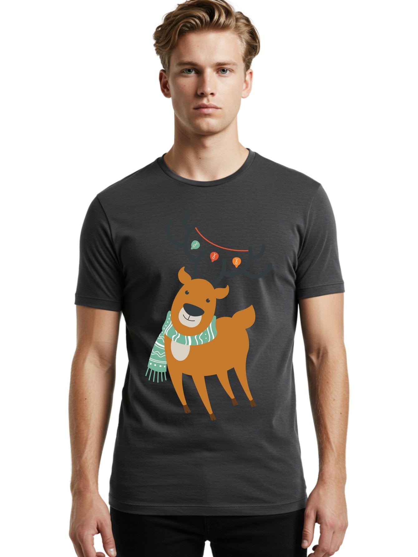 Reindeer-With-Scarf-And-Lights Men'S Graphic Tee, 100% Cotton, Comfortable Casual Summer Wear, Machine Washable, Holiday Reindeer, Christmas Decoration, Festive Scarf, String Lights, Cartoon Character, Winter Wonderland, Merry Christmas, Aad124 29