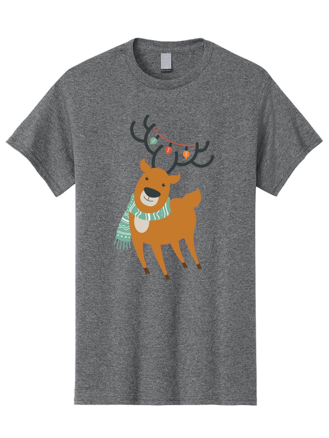 Reindeer-With-Scarf-And-Lights Men'S Graphic Tee, 100% Cotton, Comfortable Casual Summer Wear, Machine Washable, Holiday Reindeer, Christmas Decoration, Festive Scarf, String Lights, Cartoon Character, Winter Wonderland, Merry Christmas, Aad124 7