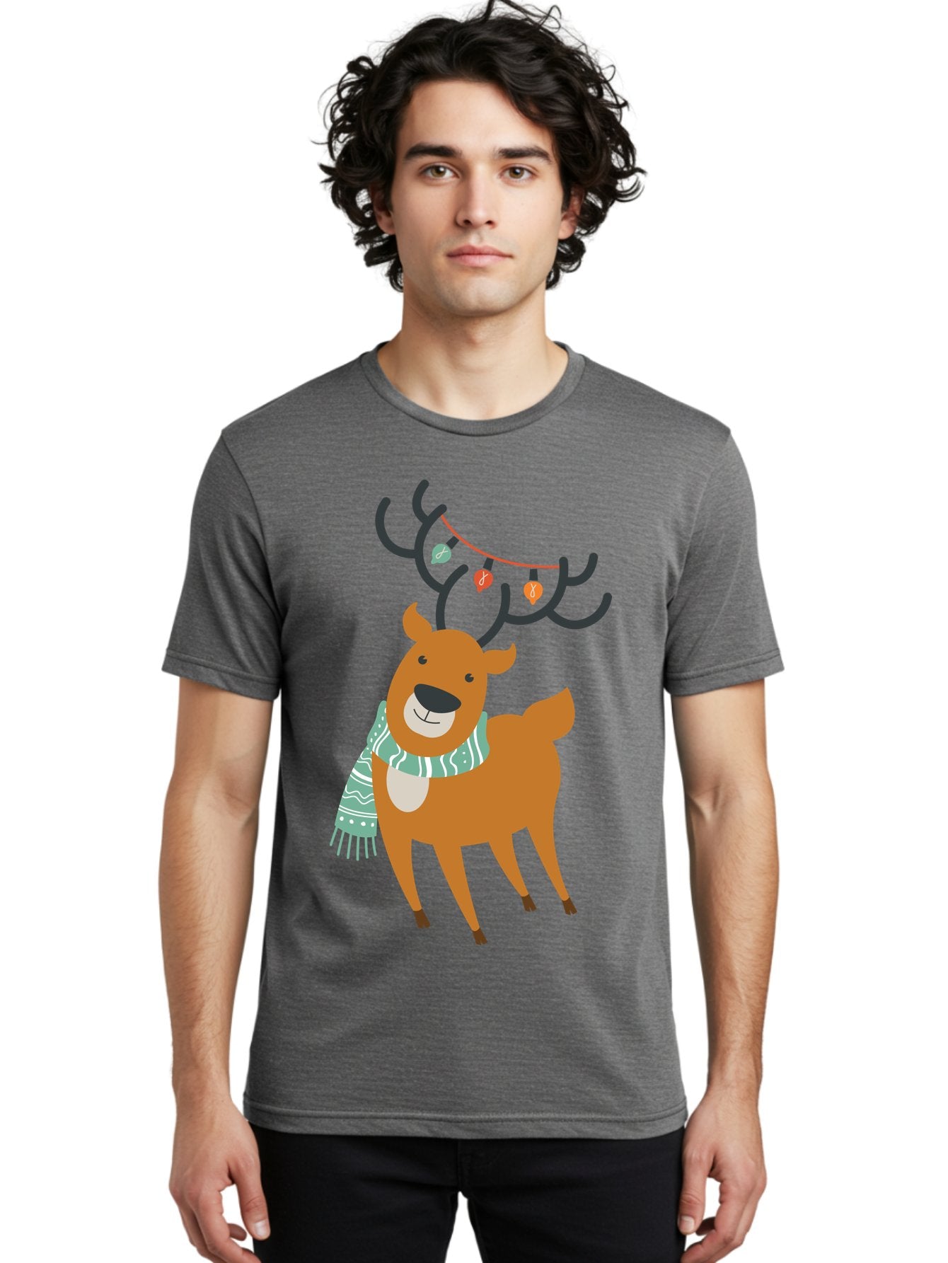 Reindeer-With-Scarf-And-Lights Men'S Graphic Tee, 100% Cotton, Comfortable Casual Summer Wear, Machine Washable, Holiday Reindeer, Christmas Decoration, Festive Scarf, String Lights, Cartoon Character, Winter Wonderland, Merry Christmas, Aad124 16