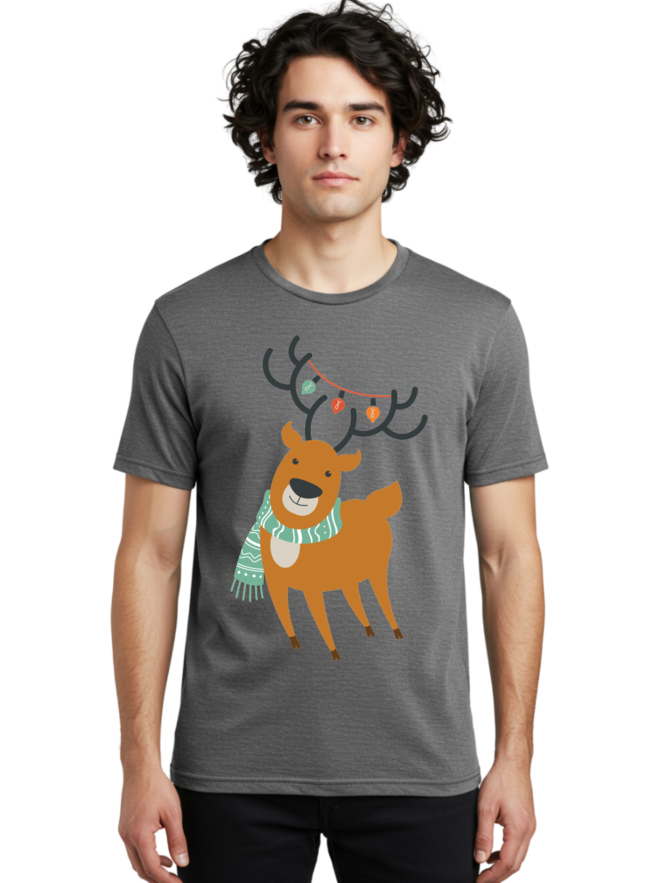 Reindeer-With-Scarf-And-Lights Men'S Graphic Tee, 100% Cotton, Comfortable Casual Summer Wear, Machine Washable, Holiday Reindeer, Christmas Decoration, Festive Scarf, String Lights, Cartoon Character, Winter Wonderland, Merry Christmas, Aad124 26