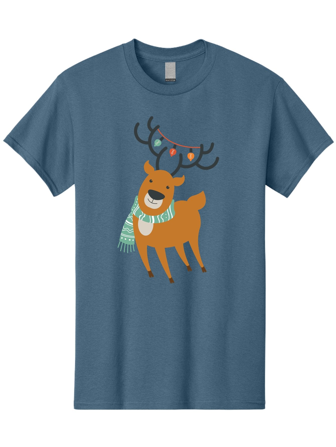 Reindeer-With-Scarf-And-Lights Men'S Graphic Tee, 100% Cotton, Comfortable Casual Summer Wear, Machine Washable, Holiday Reindeer, Christmas Decoration, Festive Scarf, String Lights, Cartoon Character, Winter Wonderland, Merry Christmas, Aad124 12