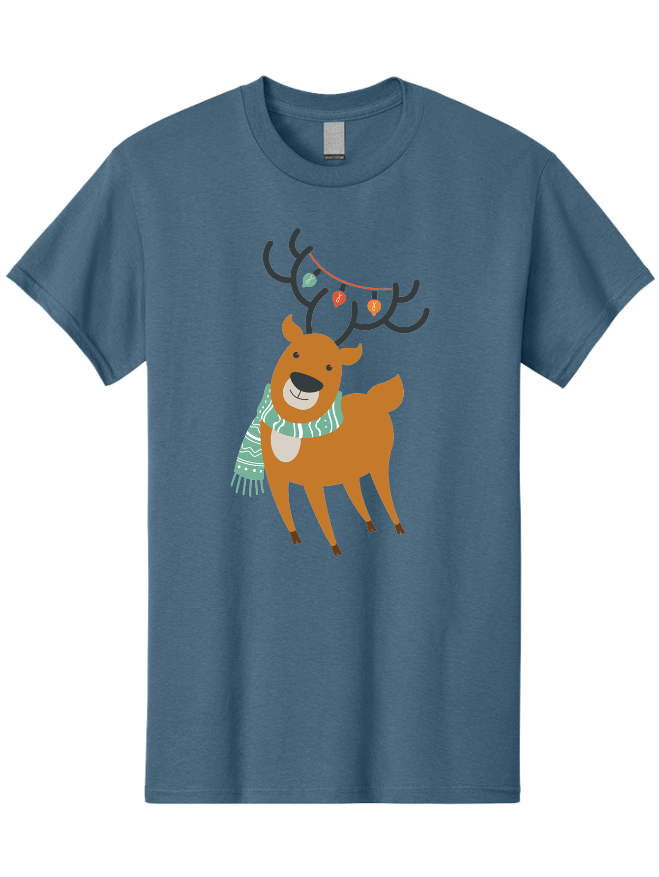 Reindeer-With-Scarf-And-Lights Men'S Graphic Tee, 100% Cotton, Comfortable Casual Summer Wear, Machine Washable, Holiday Reindeer, Christmas Decoration, Festive Scarf, String Lights, Cartoon Character, Winter Wonderland, Merry Christmas, Aad124 5