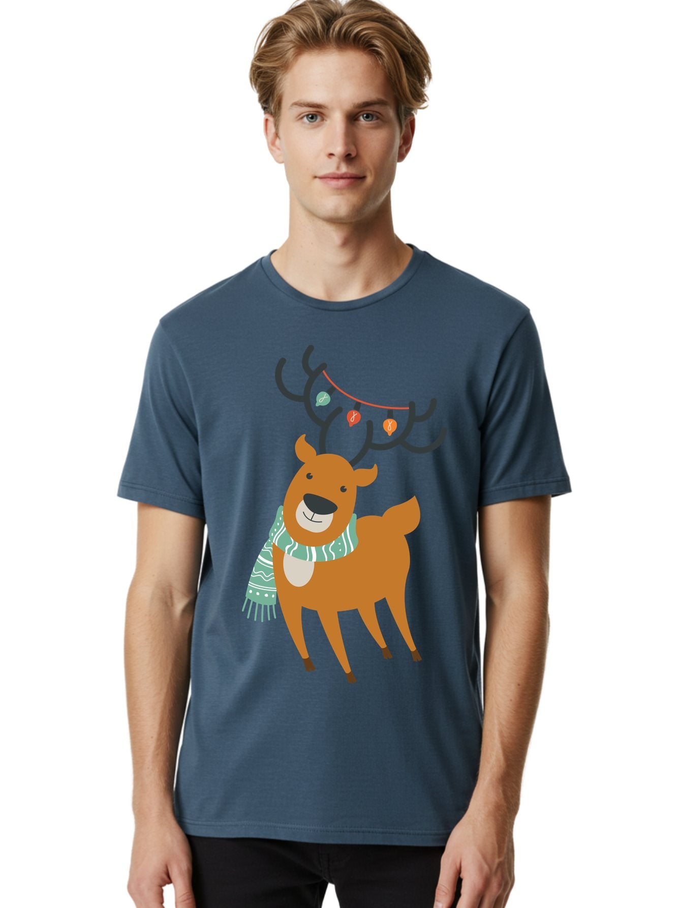 Reindeer-With-Scarf-And-Lights Men'S Graphic Tee, 100% Cotton, Comfortable Casual Summer Wear, Machine Washable, Holiday Reindeer, Christmas Decoration, Festive Scarf, String Lights, Cartoon Character, Winter Wonderland, Merry Christmas, Aad124 28