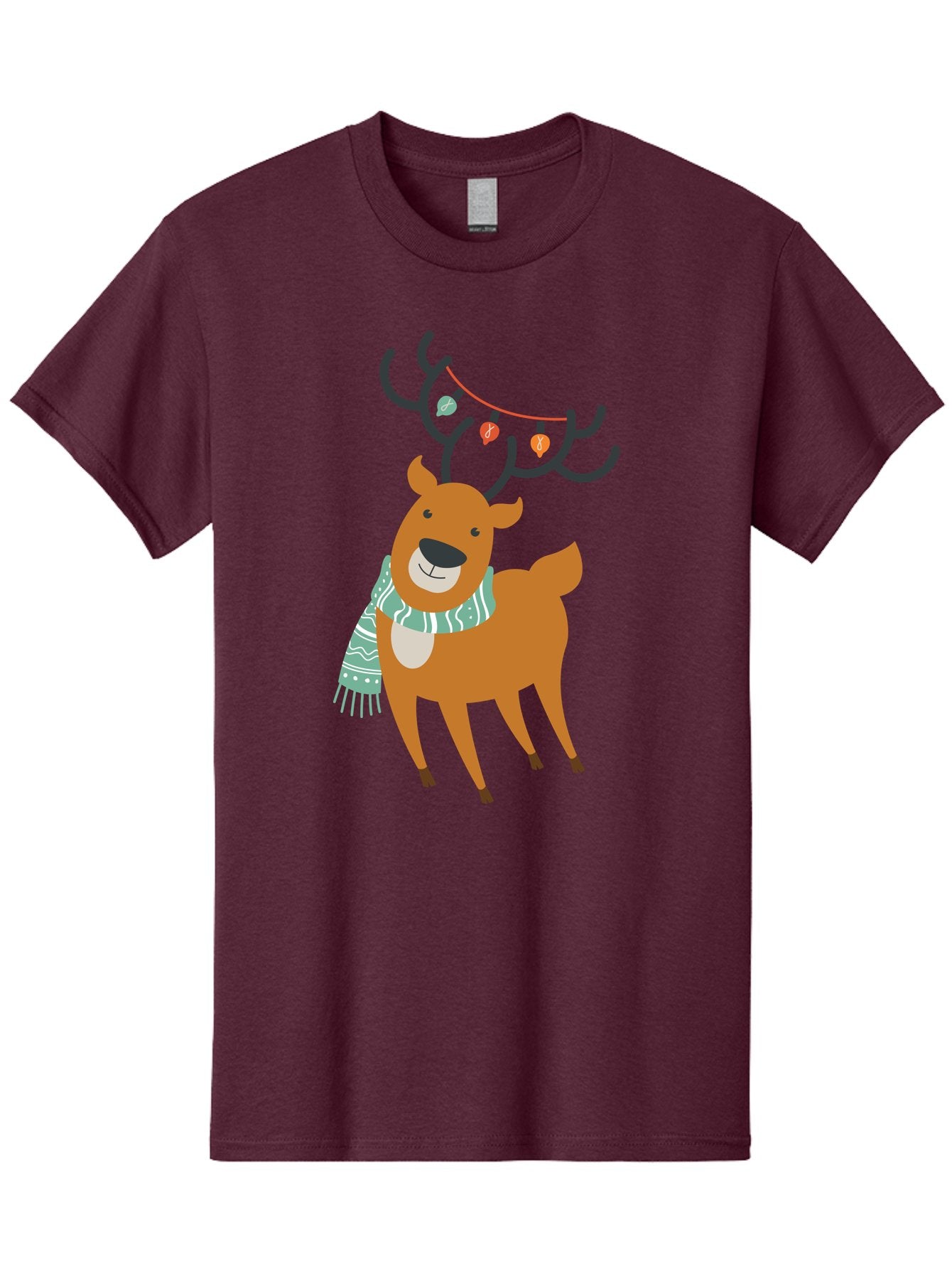 Reindeer-With-Scarf-And-Lights Men'S Graphic Tee, 100% Cotton, Comfortable Casual Summer Wear, Machine Washable, Holiday Reindeer, Christmas Decoration, Festive Scarf, String Lights, Cartoon Character, Winter Wonderland, Merry Christmas, Aad124 8