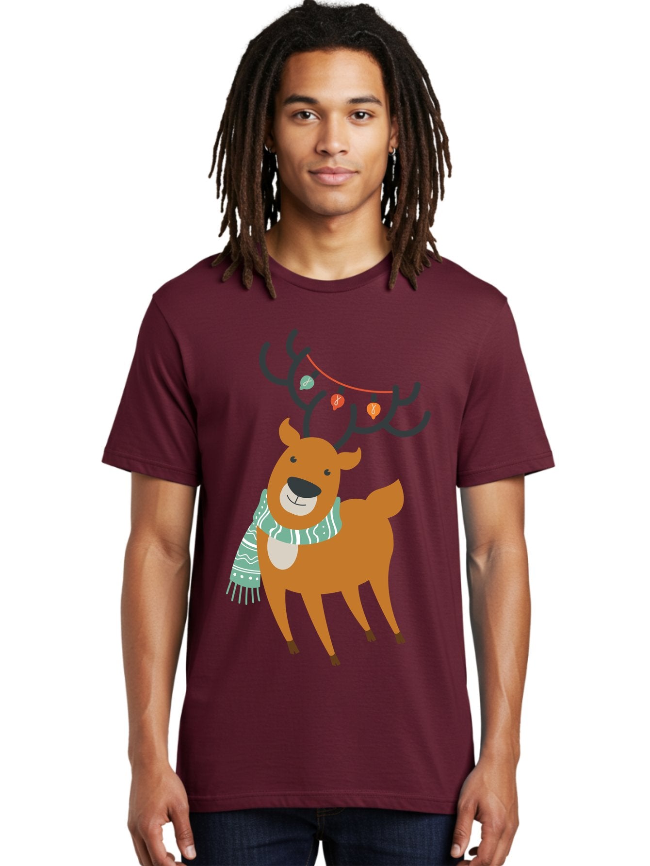 Reindeer-With-Scarf-And-Lights Men'S Graphic Tee, 100% Cotton, Comfortable Casual Summer Wear, Machine Washable, Holiday Reindeer, Christmas Decoration, Festive Scarf, String Lights, Cartoon Character, Winter Wonderland, Merry Christmas, Aad124 25