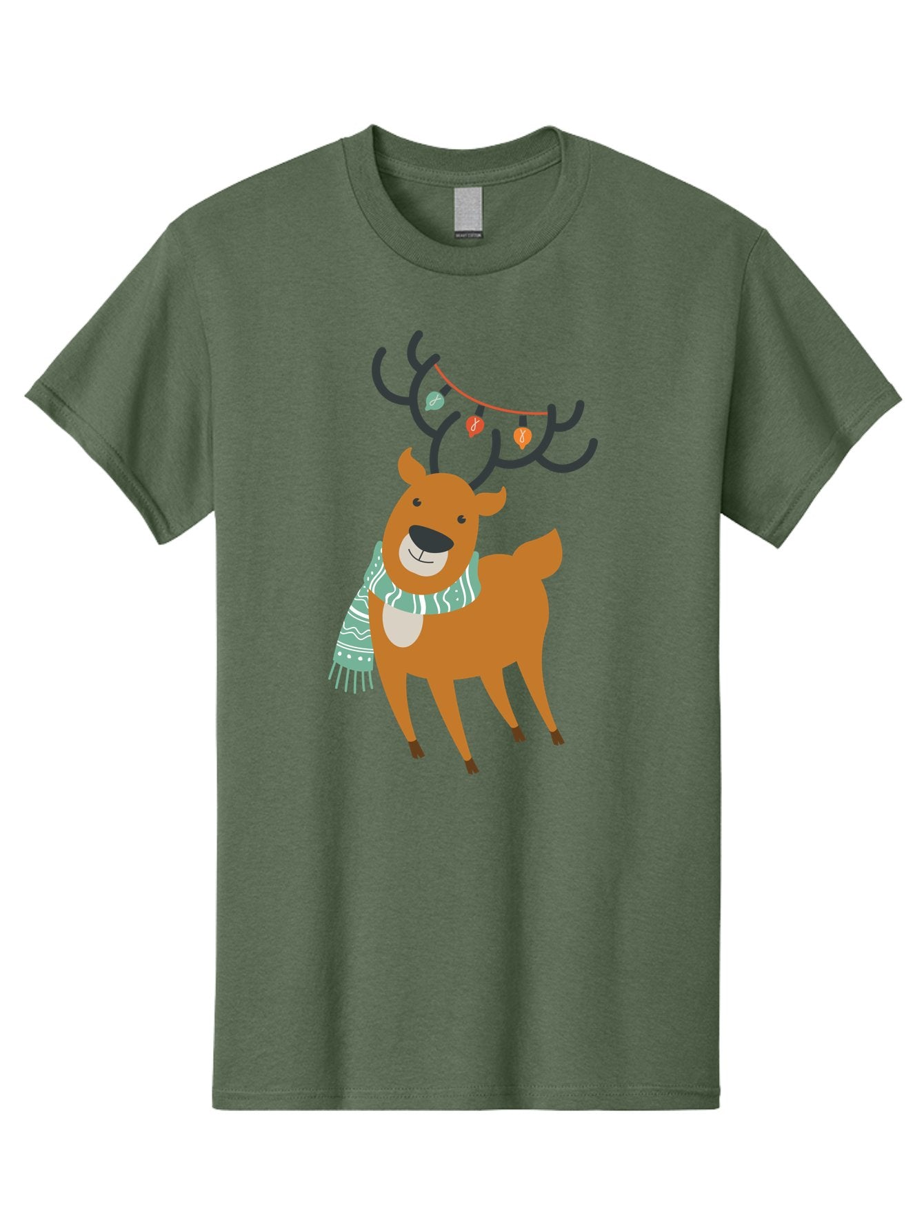 Reindeer-With-Scarf-And-Lights Men'S Graphic Tee, 100% Cotton, Comfortable Casual Summer Wear, Machine Washable, Holiday Reindeer, Christmas Decoration, Festive Scarf, String Lights, Cartoon Character, Winter Wonderland, Merry Christmas, Aad124 10