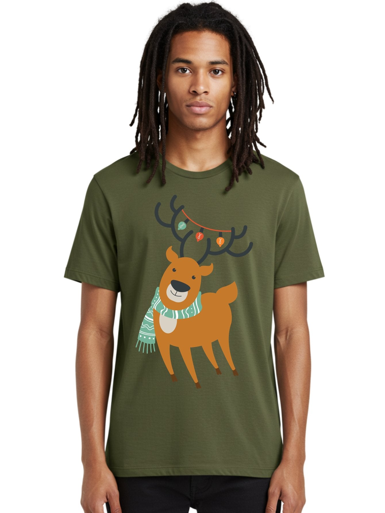 Reindeer-With-Scarf-And-Lights Men'S Graphic Tee, 100% Cotton, Comfortable Casual Summer Wear, Machine Washable, Holiday Reindeer, Christmas Decoration, Festive Scarf, String Lights, Cartoon Character, Winter Wonderland, Merry Christmas, Aad124 17