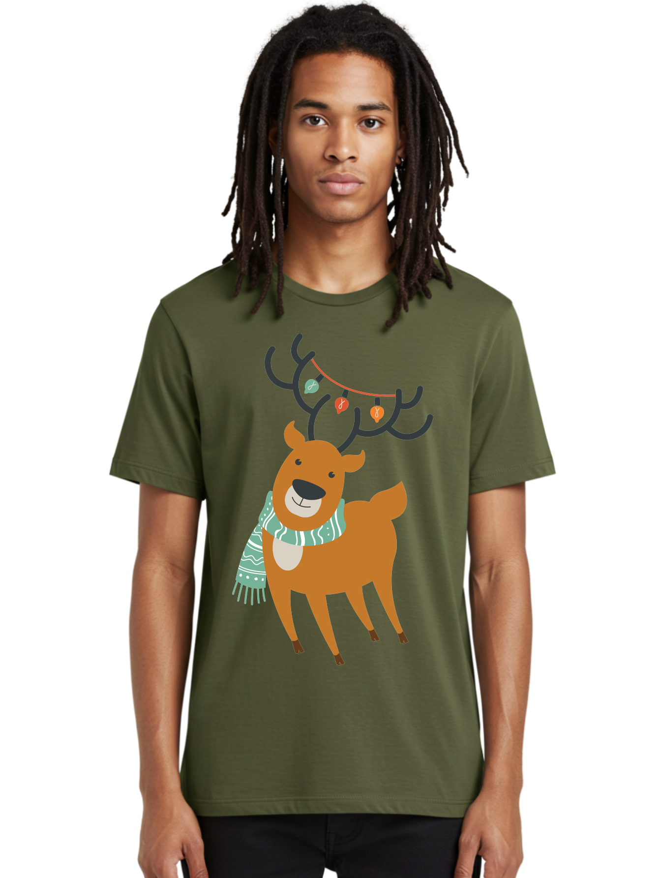 Reindeer-With-Scarf-And-Lights Men'S Graphic Tee, 100% Cotton, Comfortable Casual Summer Wear, Machine Washable, Holiday Reindeer, Christmas Decoration, Festive Scarf, String Lights, Cartoon Character, Winter Wonderland, Merry Christmas, Aad124 28