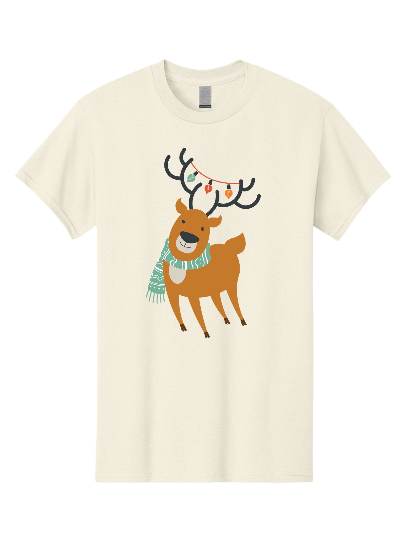Reindeer-With-Scarf-And-Lights Men'S Graphic Tee, 100% Cotton, Comfortable Casual Summer Wear, Machine Washable, Holiday Reindeer, Christmas Decoration, Festive Scarf, String Lights, Cartoon Character, Winter Wonderland, Merry Christmas, Aad124