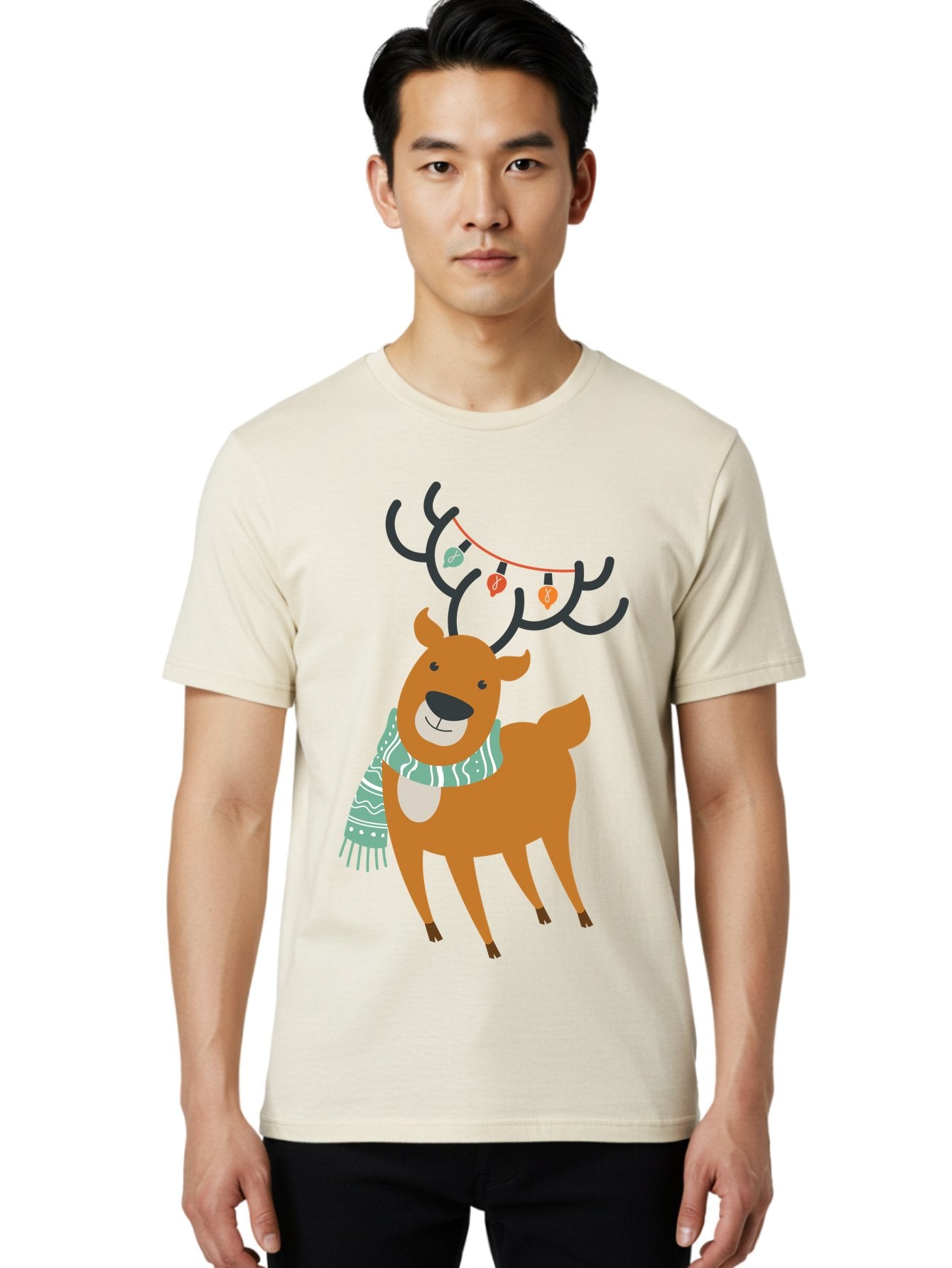 Reindeer-With-Scarf-And-Lights Men'S Graphic Tee, 100% Cotton, Comfortable Casual Summer Wear, Machine Washable, Holiday Reindeer, Christmas Decoration, Festive Scarf, String Lights, Cartoon Character, Winter Wonderland, Merry Christmas, Aad124 19