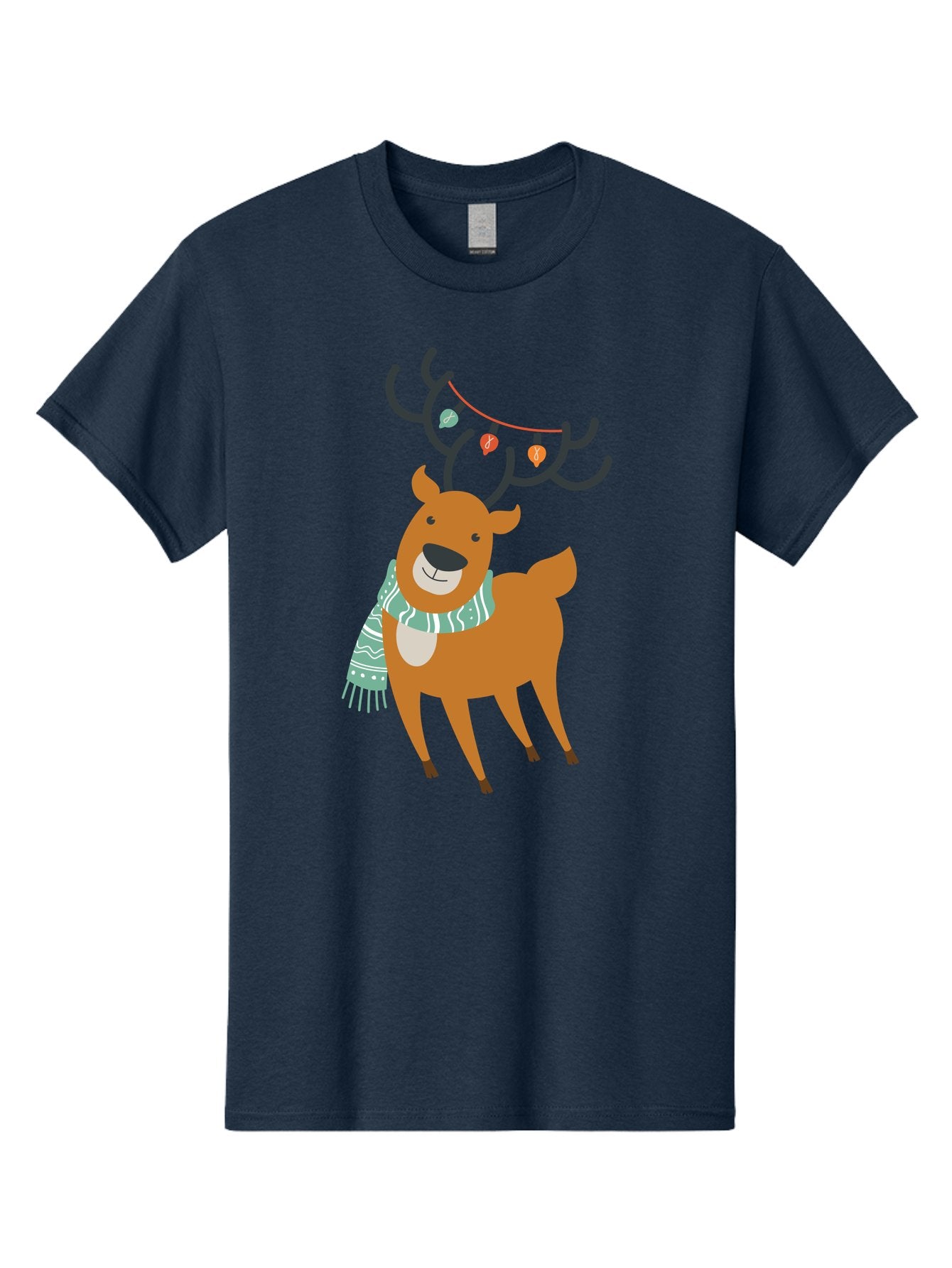 Reindeer-With-Scarf-And-Lights Men'S Graphic Tee, 100% Cotton, Comfortable Casual Summer Wear, Machine Washable, Holiday Reindeer, Christmas Decoration, Festive Scarf, String Lights, Cartoon Character, Winter Wonderland, Merry Christmas, Aad124 3