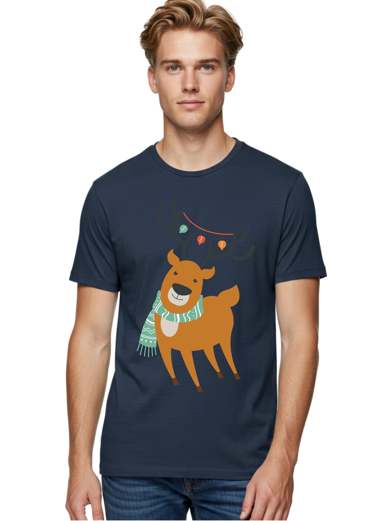 Reindeer-With-Scarf-And-Lights Men'S Graphic Tee, 100% Cotton, Comfortable Casual Summer Wear, Machine Washable, Holiday Reindeer, Christmas Decoration, Festive Scarf, String Lights, Cartoon Character, Winter Wonderland, Merry Christmas, Aad124 22
