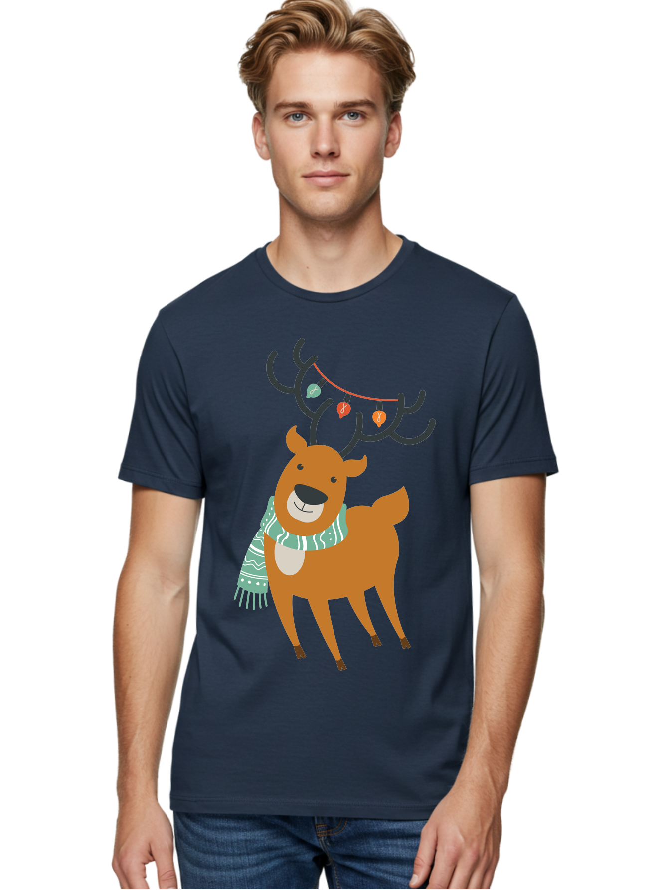 Reindeer-With-Scarf-And-Lights Men'S Graphic Tee, 100% Cotton, Comfortable Casual Summer Wear, Machine Washable, Holiday Reindeer, Christmas Decoration, Festive Scarf, String Lights, Cartoon Character, Winter Wonderland, Merry Christmas, Aad124 18