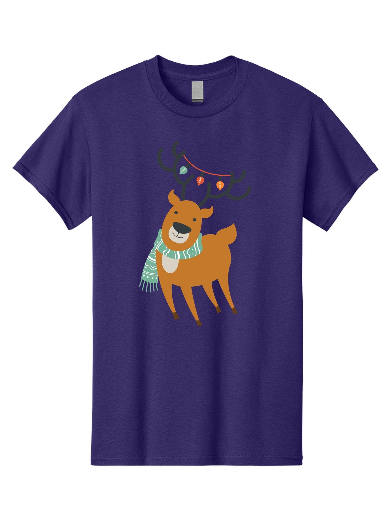 Reindeer-With-Scarf-And-Lights Men'S Graphic Tee, 100% Cotton, Comfortable Casual Summer Wear, Machine Washable, Holiday Reindeer, Christmas Decoration, Festive Scarf, String Lights, Cartoon Character, Winter Wonderland, Merry Christmas, Aad124 9
