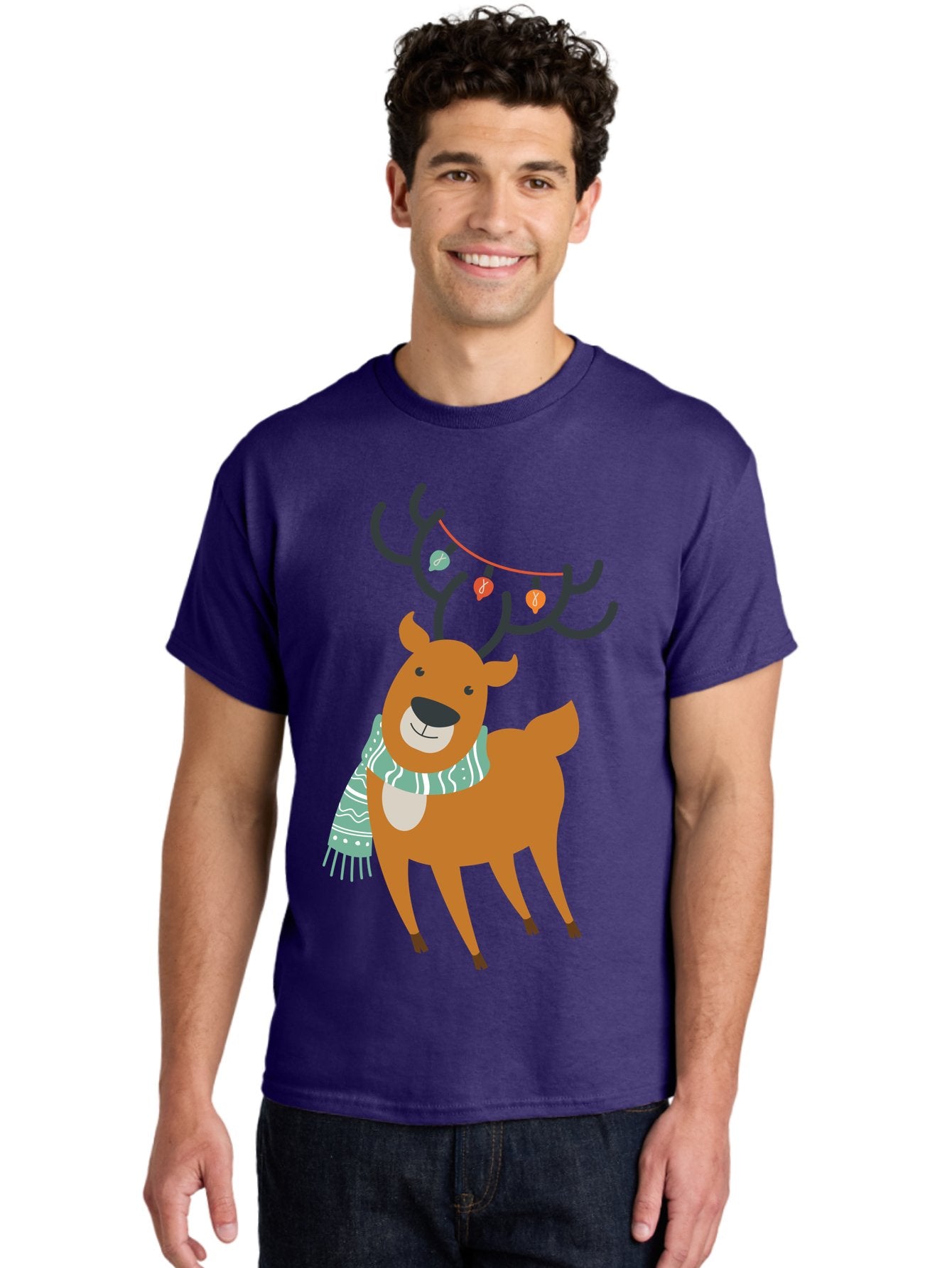 Reindeer-With-Scarf-And-Lights Men'S Graphic Tee, 100% Cotton, Comfortable Casual Summer Wear, Machine Washable, Holiday Reindeer, Christmas Decoration, Festive Scarf, String Lights, Cartoon Character, Winter Wonderland, Merry Christmas, Aad124 26