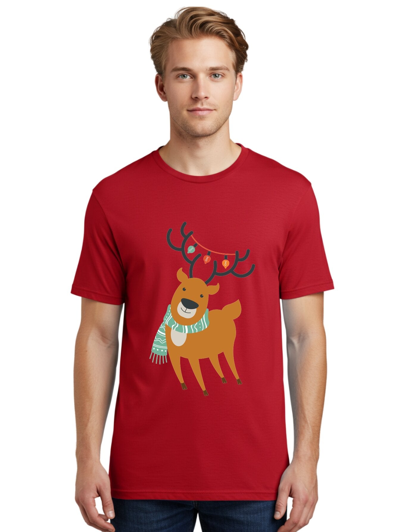 Reindeer-With-Scarf-And-Lights Men'S Graphic Tee, 100% Cotton, Comfortable Casual Summer Wear, Machine Washable, Holiday Reindeer, Christmas Decoration, Festive Scarf, String Lights, Cartoon Character, Winter Wonderland, Merry Christmas, Aad124 21