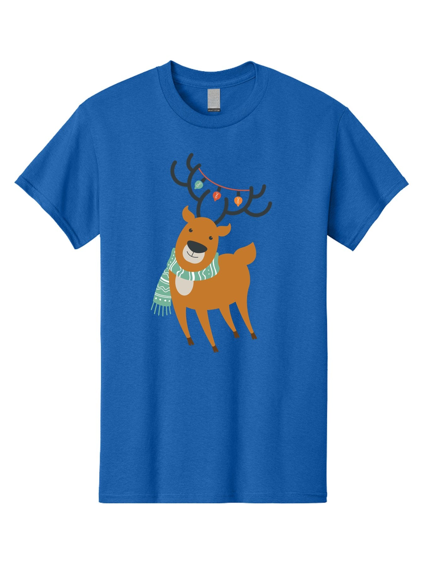 Reindeer-With-Scarf-And-Lights Men'S Graphic Tee, 100% Cotton, Comfortable Casual Summer Wear, Machine Washable, Holiday Reindeer, Christmas Decoration, Festive Scarf, String Lights, Cartoon Character, Winter Wonderland, Merry Christmas, Aad124 5