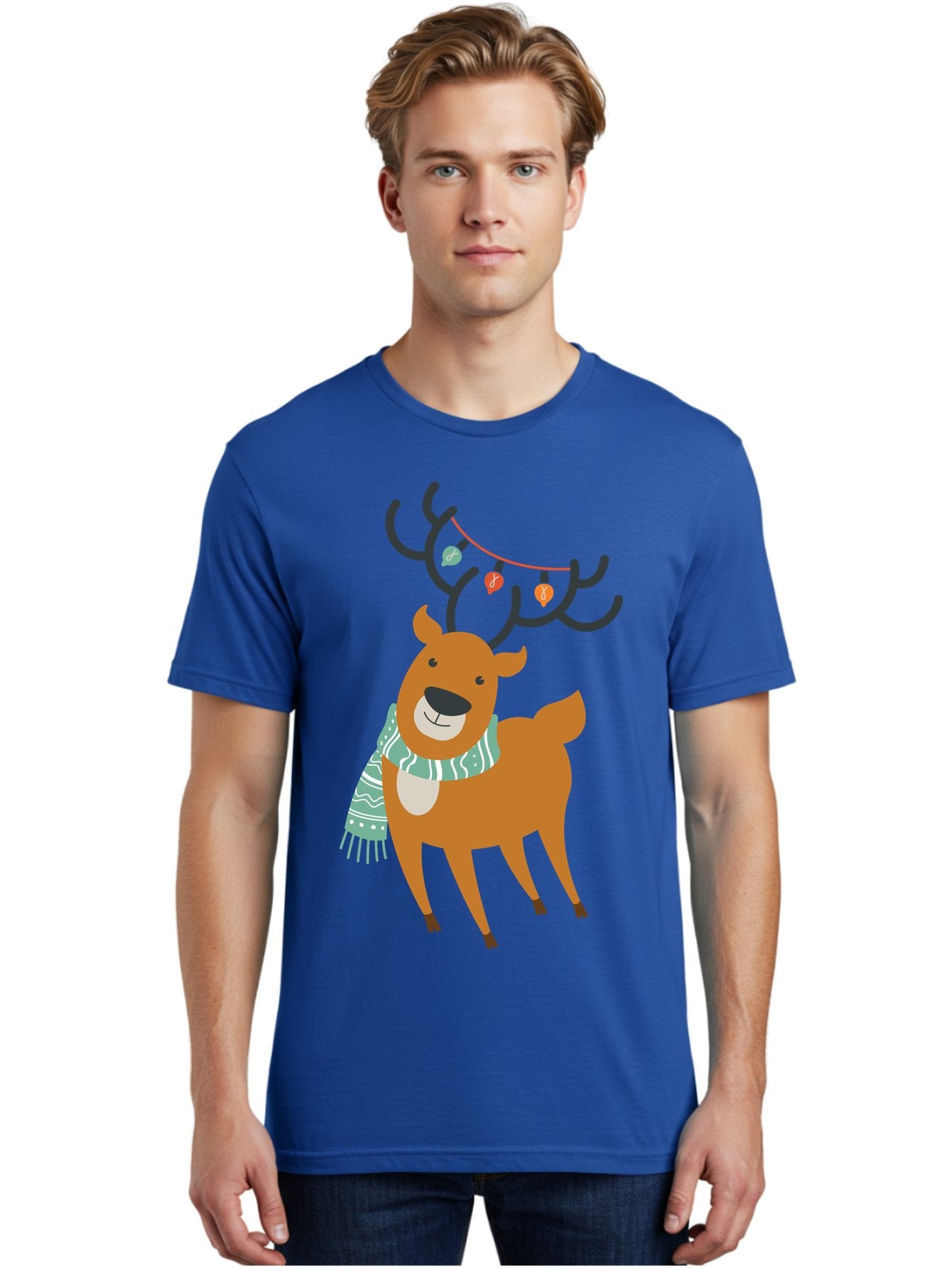 Reindeer-With-Scarf-And-Lights Men'S Graphic Tee, 100% Cotton, Comfortable Casual Summer Wear, Machine Washable, Holiday Reindeer, Christmas Decoration, Festive Scarf, String Lights, Cartoon Character, Winter Wonderland, Merry Christmas, Aad124 23
