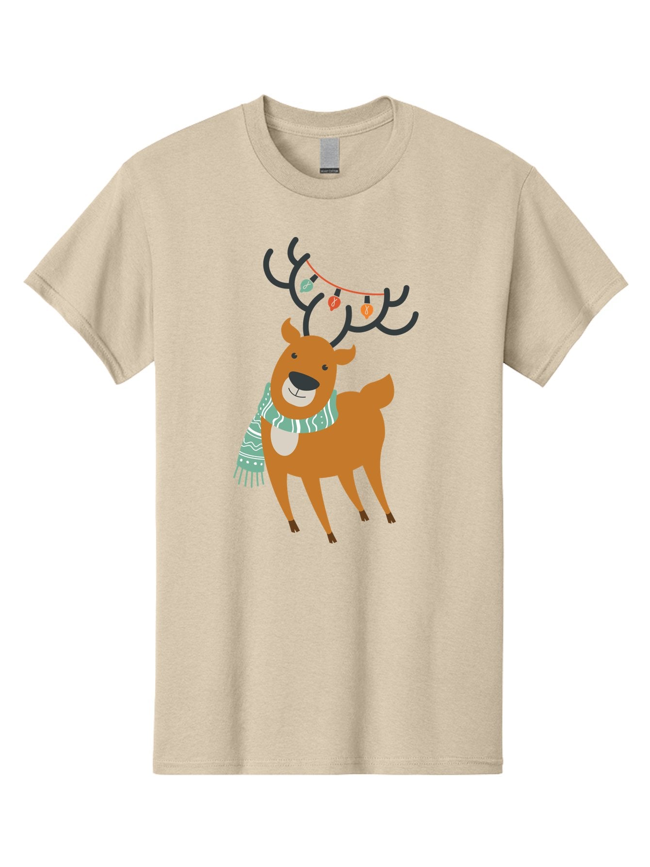 Reindeer-With-Scarf-And-Lights Men'S Graphic Tee, 100% Cotton, Comfortable Casual Summer Wear, Machine Washable, Holiday Reindeer, Christmas Decoration, Festive Scarf, String Lights, Cartoon Character, Winter Wonderland, Merry Christmas, Aad124 13