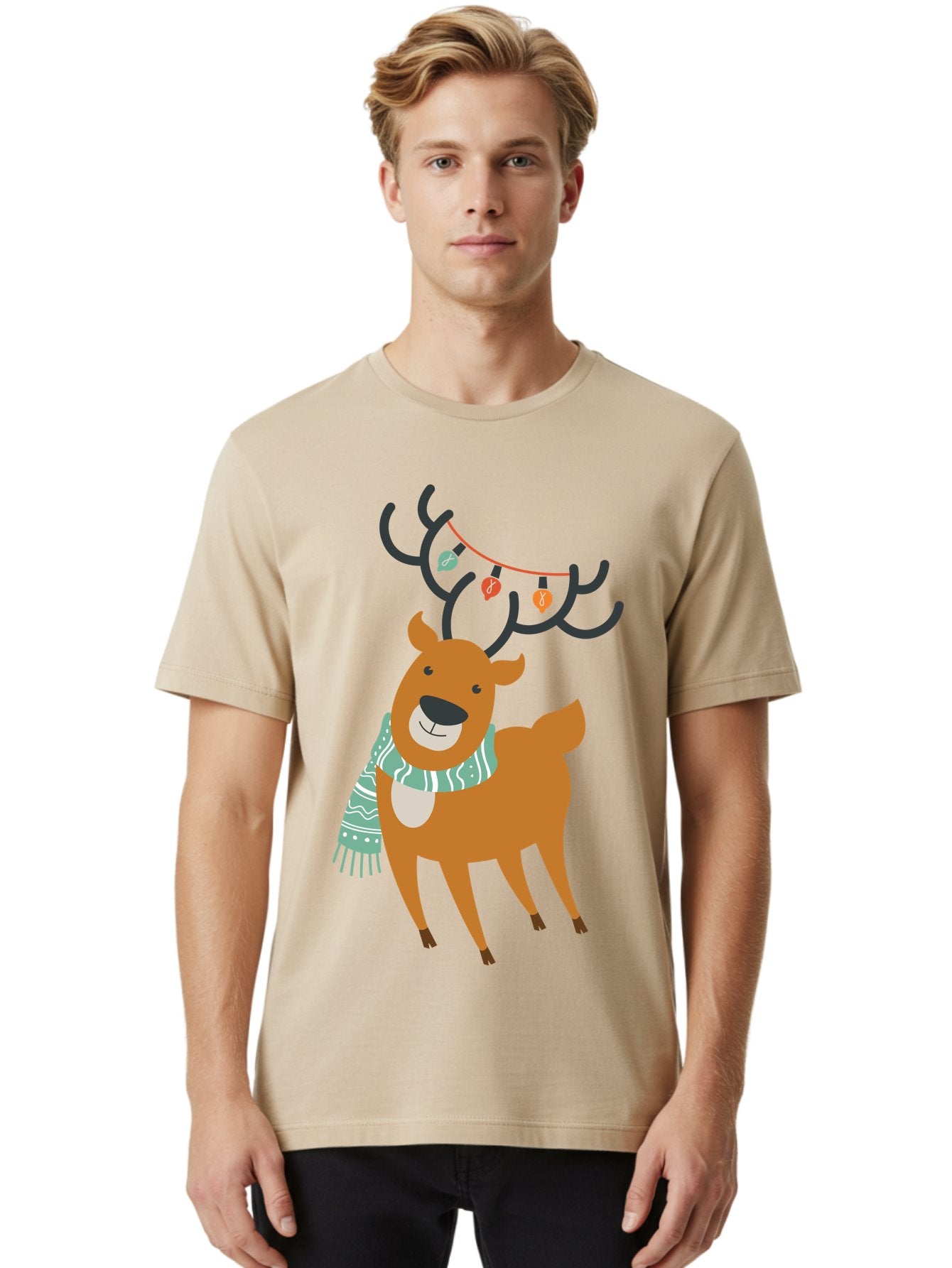 Reindeer-With-Scarf-And-Lights Men'S Graphic Tee, 100% Cotton, Comfortable Casual Summer Wear, Machine Washable, Holiday Reindeer, Christmas Decoration, Festive Scarf, String Lights, Cartoon Character, Winter Wonderland, Merry Christmas, Aad124 20