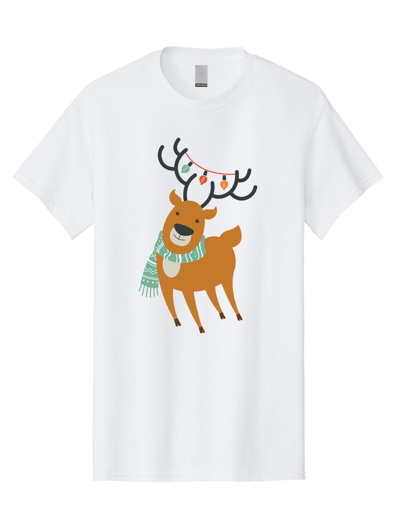 Reindeer-With-Scarf-And-Lights Men'S Graphic Tee, 100% Cotton, Comfortable Casual Summer Wear, Machine Washable, Holiday Reindeer, Christmas Decoration, Festive Scarf, String Lights, Cartoon Character, Winter Wonderland, Merry Christmas, Aad124 6