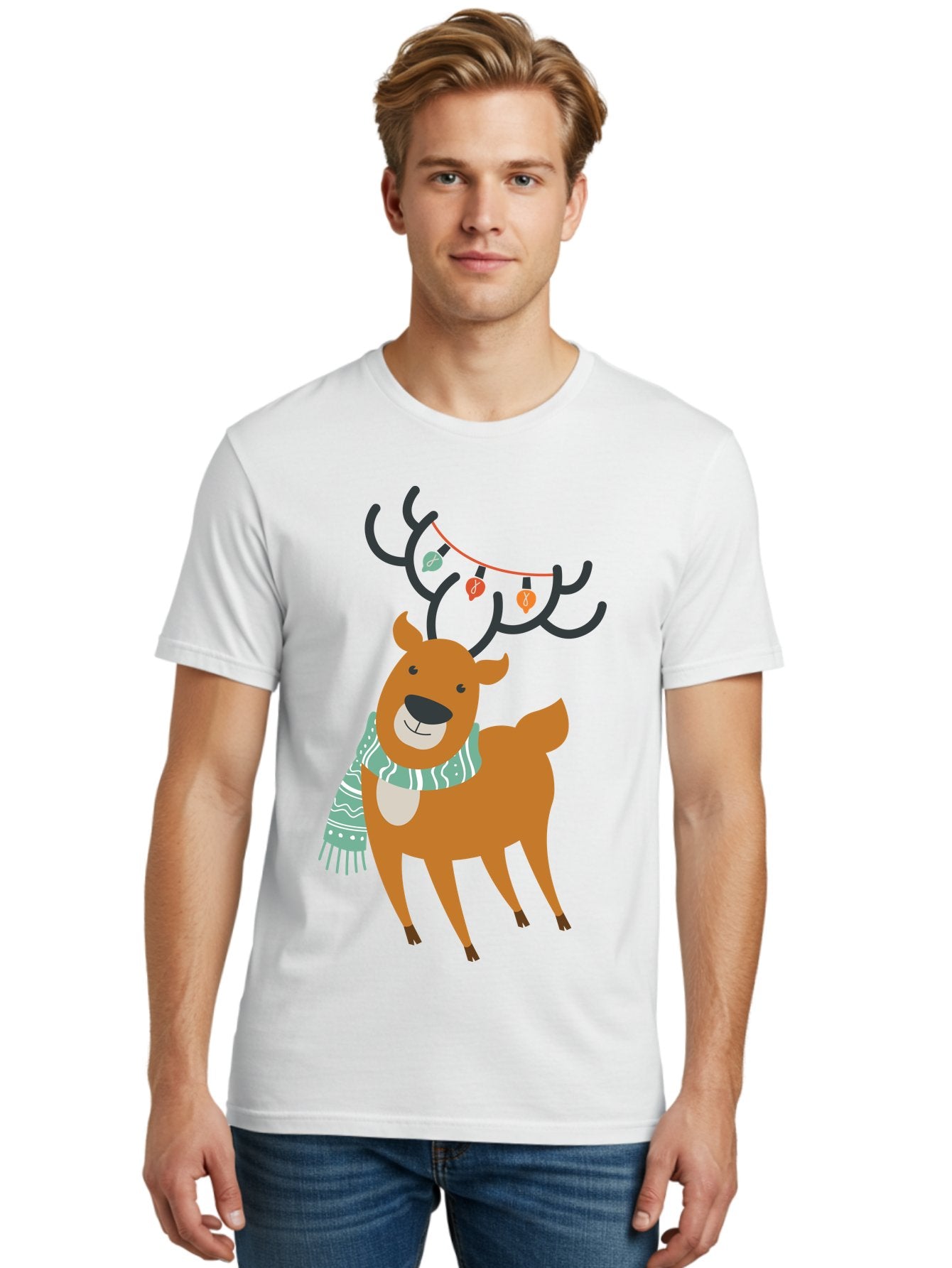 Reindeer-With-Scarf-And-Lights Men'S Graphic Tee, 100% Cotton, Comfortable Casual Summer Wear, Machine Washable, Holiday Reindeer, Christmas Decoration, Festive Scarf, String Lights, Cartoon Character, Winter Wonderland, Merry Christmas, Aad124 24