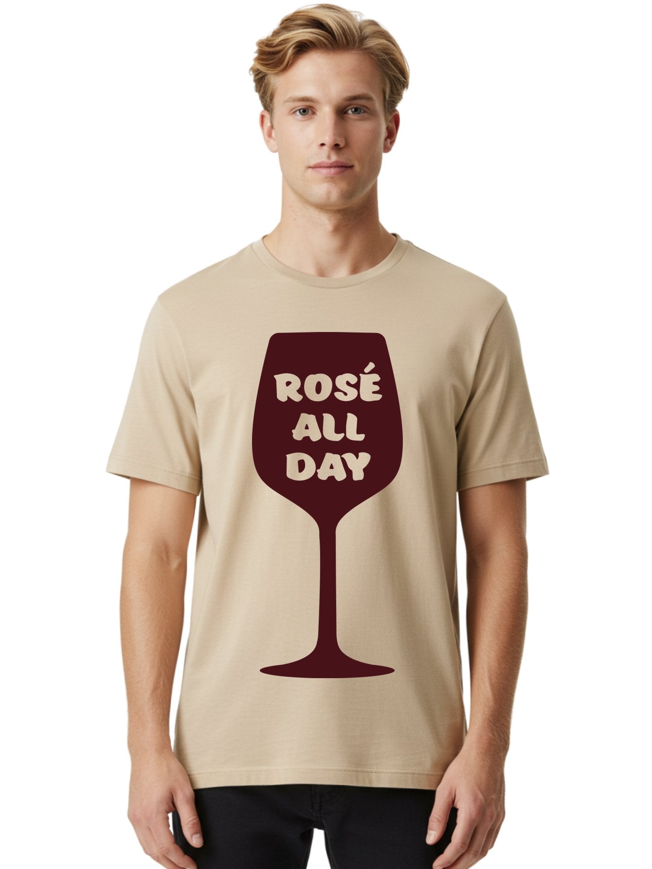 Rose-All-Day Men'S Graphic Tee, 100% Cotton, Comfortable Casual Summer Wear, Machine Washable, Wine Glass, Rose Wine, Rosé All Day, Wine Lover, Relaxed Atmosphere, Casual Drinking, Fun Phrase, Wine Culture Aad131 18