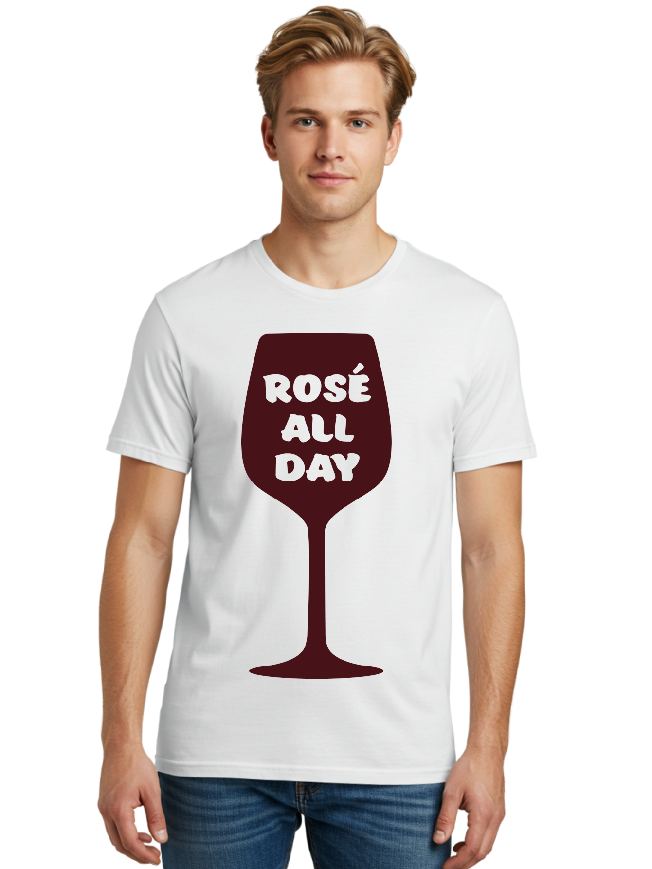 Rose-All-Day Men'S Graphic Tee, 100% Cotton, Comfortable Casual Summer Wear, Machine Washable, Wine Glass, Rose Wine, Rosé All Day, Wine Lover, Relaxed Atmosphere, Casual Drinking, Fun Phrase, Wine Culture Aad131 18