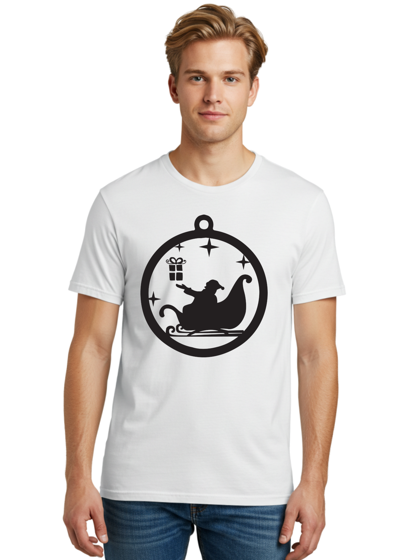 Santa-Sleigh-Ornament-1 Men'S Graphic Tee, 100% Cotton, Comfortable Casual Summer Wear, Machine Washable, Santa Claus, Christmas Gift, Sleigh Ride, Festive Holiday, Winter Wonderland, Gift Giving, Christmas Magic, Holiday Cheer Aad137