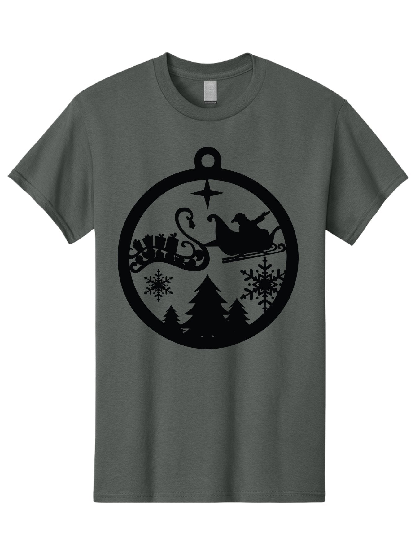Santa-Sleigh-Ornament Men'S Graphic Tee, 100% Cotton, Comfortable Casual Summer Wear, Machine Washable, Santa Sleigh, Christmas Ornament, Festive Silhouette, Winter Wonderland, Holiday Decor, Santa Claus, Snowflakes, Christmas Trees Aad138