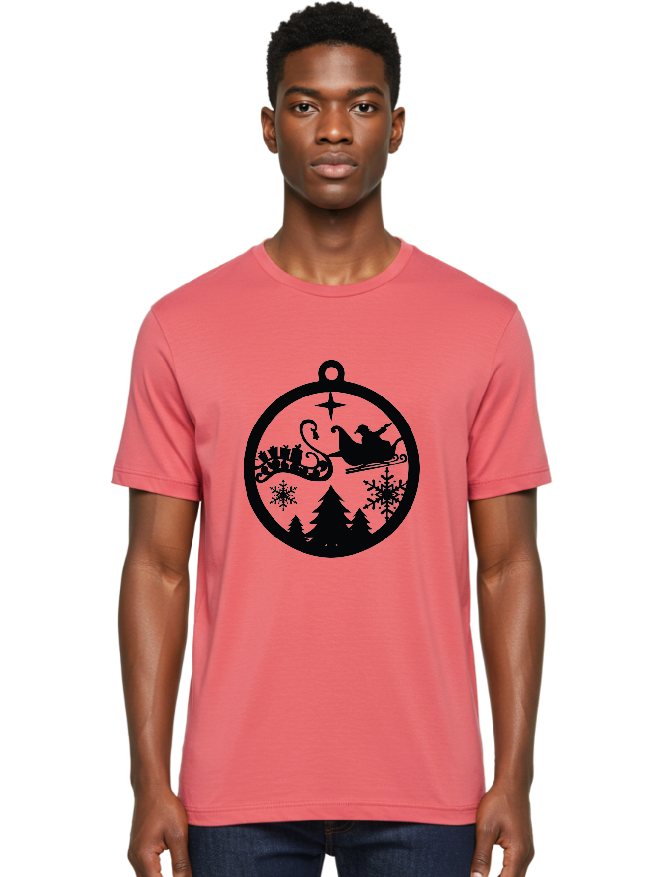 Santa-Sleigh-Ornament Men'S Graphic Tee, 100% Cotton, Comfortable Casual Summer Wear, Machine Washable, Santa Sleigh, Christmas Ornament, Festive Silhouette, Winter Wonderland, Holiday Decor, Santa Claus, Snowflakes, Christmas Trees Aad138