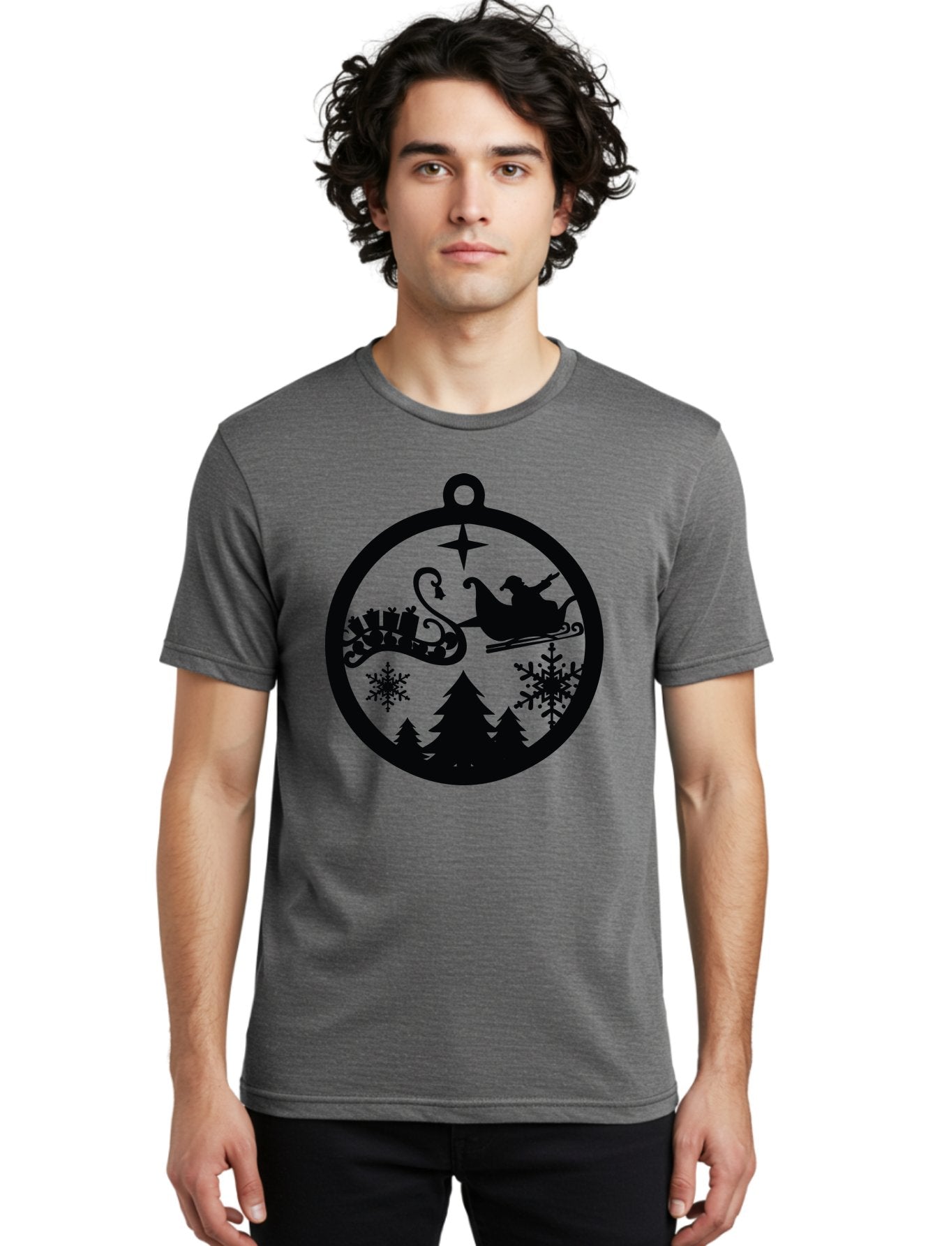 Santa-Sleigh-Ornament Men'S Graphic Tee, 100% Cotton, Comfortable Casual Summer Wear, Machine Washable, Santa Sleigh, Christmas Ornament, Festive Silhouette, Winter Wonderland, Holiday Decor, Santa Claus, Snowflakes, Christmas Trees Aad138 20