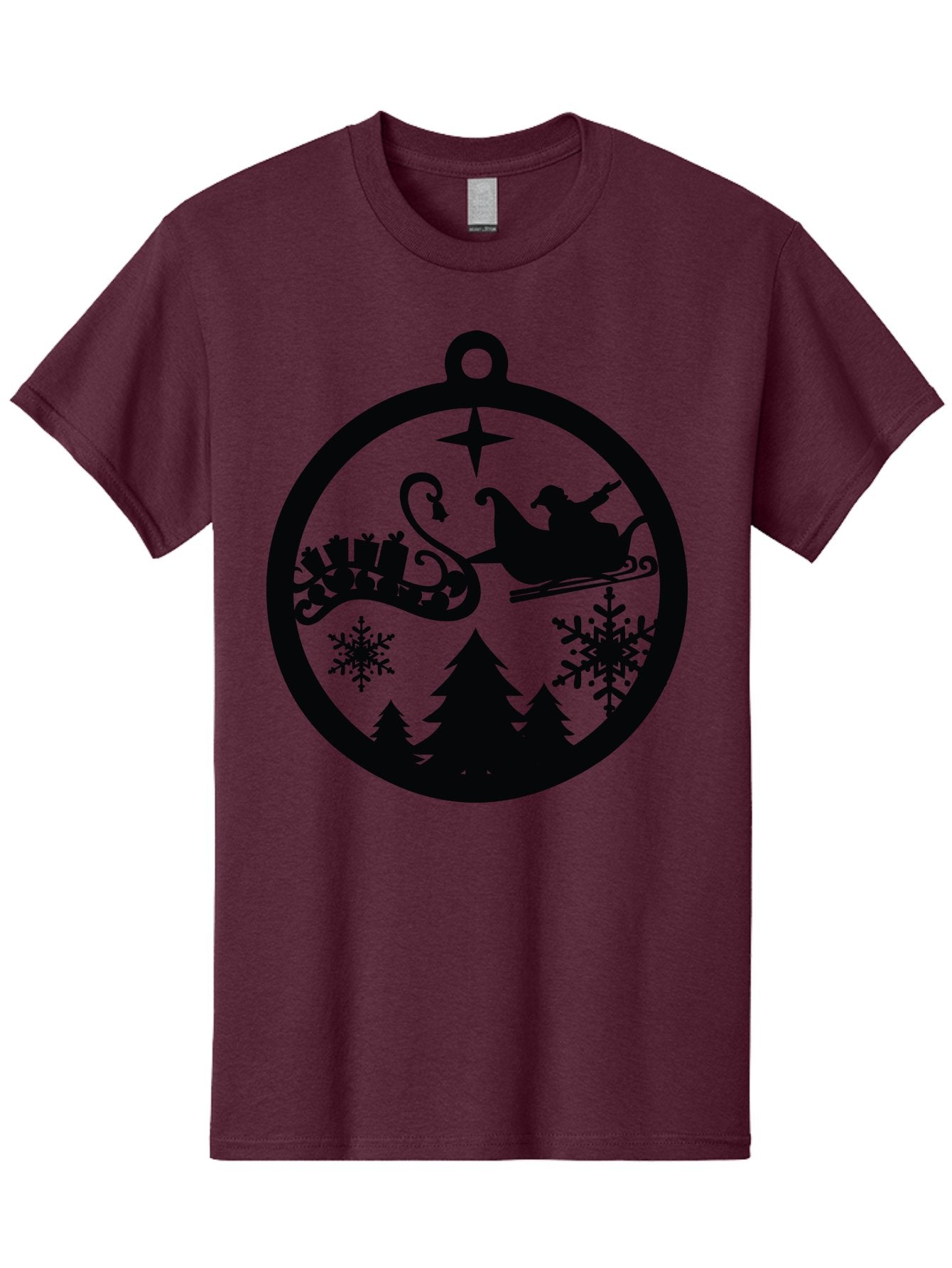Santa-Sleigh-Ornament Men'S Graphic Tee, 100% Cotton, Comfortable Casual Summer Wear, Machine Washable, Santa Sleigh, Christmas Ornament, Festive Silhouette, Winter Wonderland, Holiday Decor, Santa Claus, Snowflakes, Christmas Trees Aad138 14