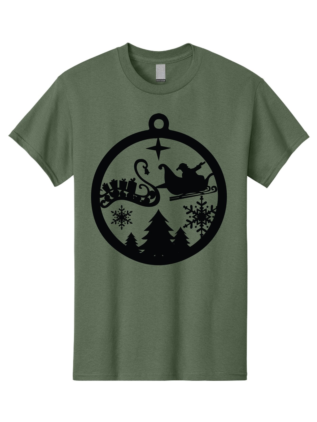 Santa-Sleigh-Ornament Men'S Graphic Tee, 100% Cotton, Comfortable Casual Summer Wear, Machine Washable, Santa Sleigh, Christmas Ornament, Festive Silhouette, Winter Wonderland, Holiday Decor, Santa Claus, Snowflakes, Christmas Trees Aad138 4