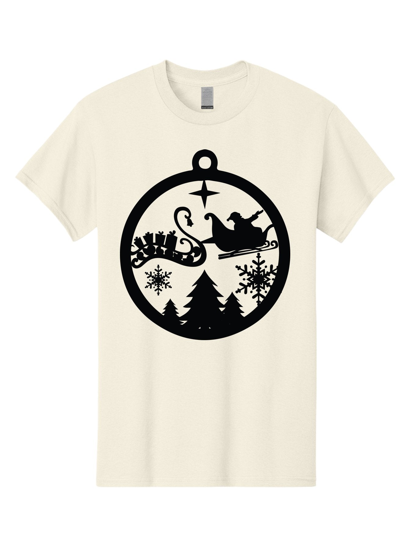 Santa-Sleigh-Ornament Men'S Graphic Tee, 100% Cotton, Comfortable Casual Summer Wear, Machine Washable, Santa Sleigh, Christmas Ornament, Festive Silhouette, Winter Wonderland, Holiday Decor, Santa Claus, Snowflakes, Christmas Trees Aad138 8