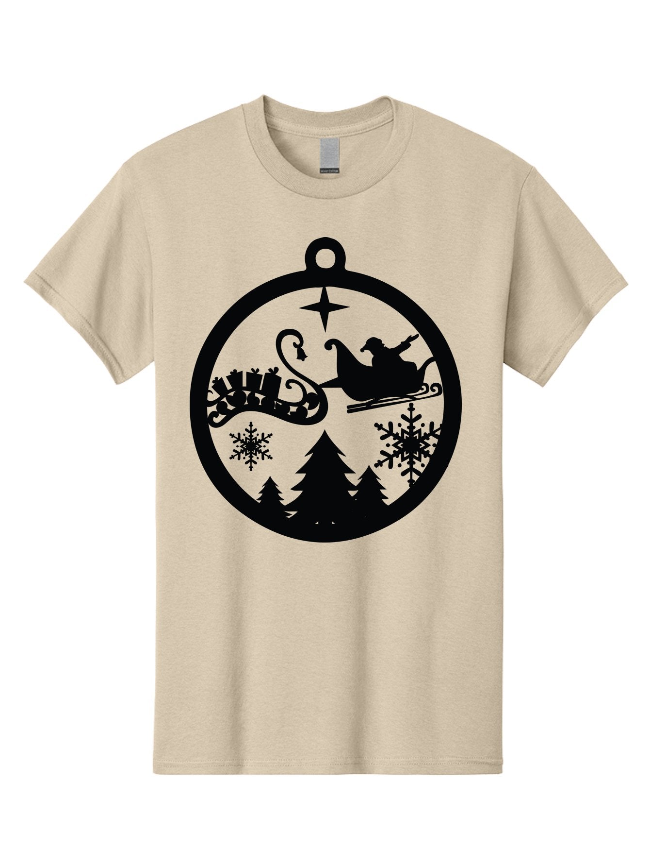 Santa-Sleigh-Ornament Men'S Graphic Tee, 100% Cotton, Comfortable Casual Summer Wear, Machine Washable, Santa Sleigh, Christmas Ornament, Festive Silhouette, Winter Wonderland, Holiday Decor, Santa Claus, Snowflakes, Christmas Trees Aad138 6