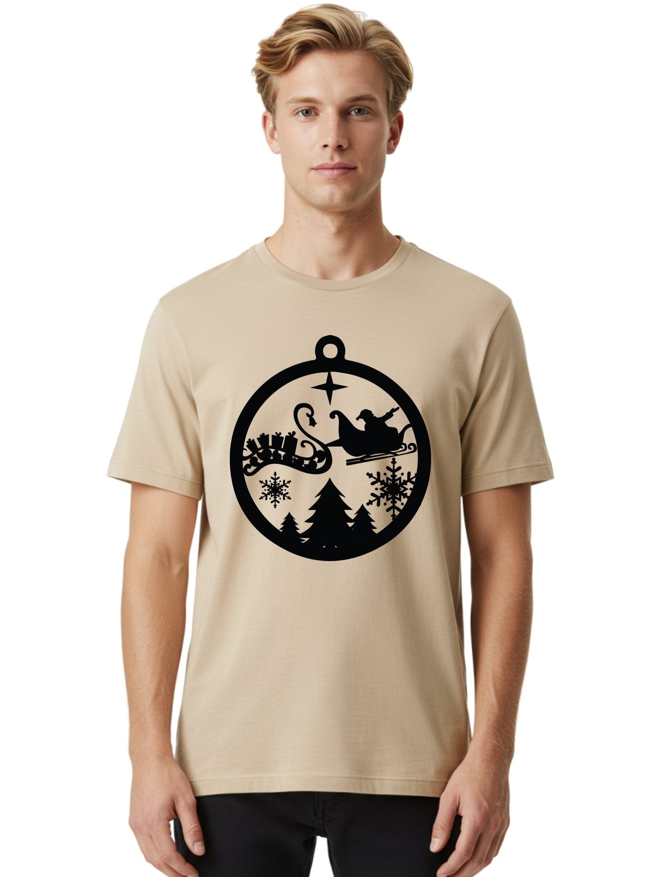 Santa-Sleigh-Ornament Men'S Graphic Tee, 100% Cotton, Comfortable Casual Summer Wear, Machine Washable, Santa Sleigh, Christmas Ornament, Festive Silhouette, Winter Wonderland, Holiday Decor, Santa Claus, Snowflakes, Christmas Trees Aad138 24