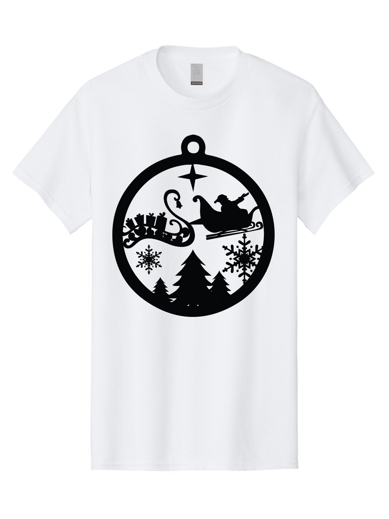 Santa-Sleigh-Ornament Men'S Graphic Tee, 100% Cotton, Comfortable Casual Summer Wear, Machine Washable, Santa Sleigh, Christmas Ornament, Festive Silhouette, Winter Wonderland, Holiday Decor, Santa Claus, Snowflakes, Christmas Trees Aad138 5