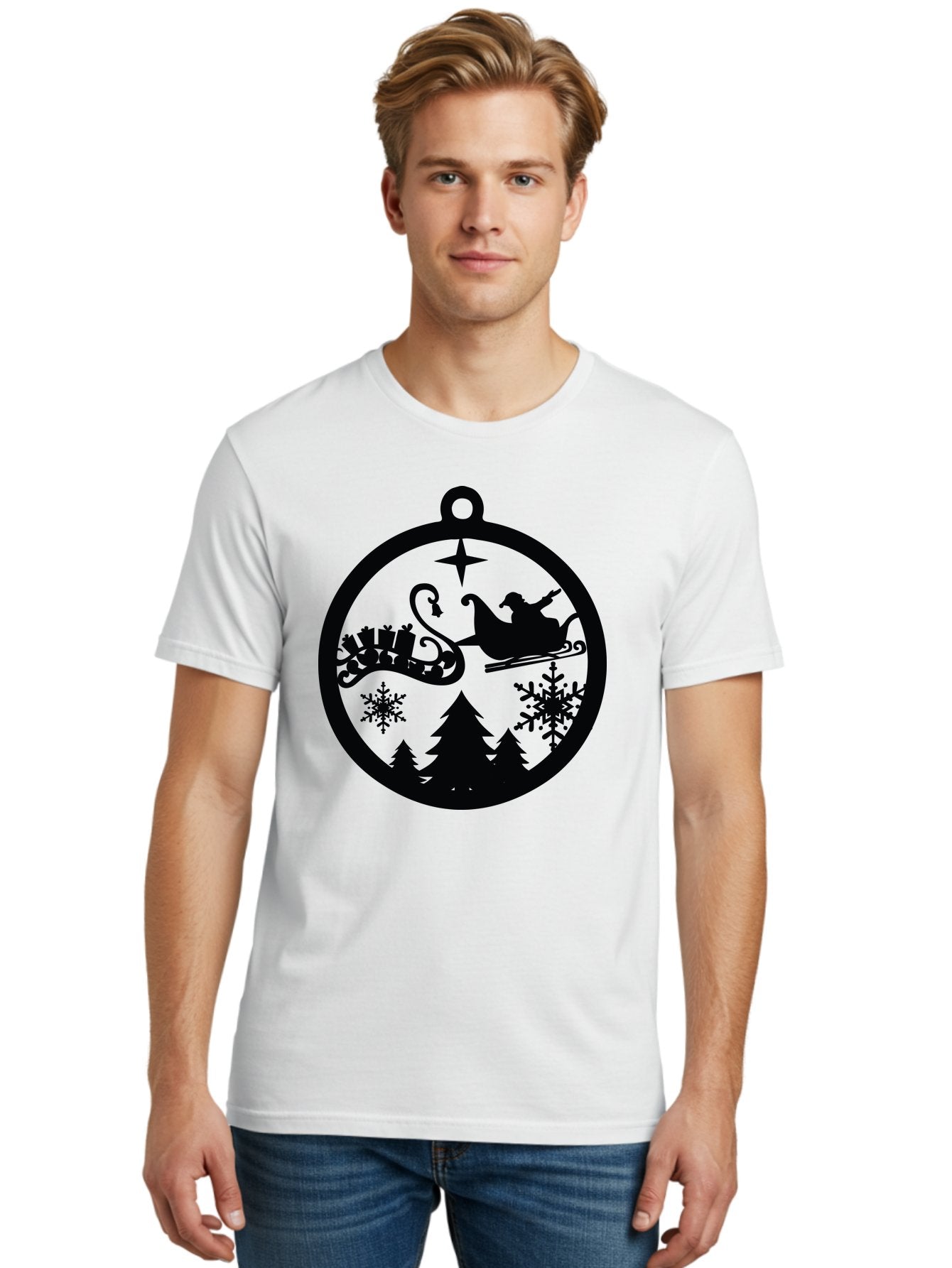 Santa-Sleigh-Ornament Men'S Graphic Tee, 100% Cotton, Comfortable Casual Summer Wear, Machine Washable, Santa Sleigh, Christmas Ornament, Festive Silhouette, Winter Wonderland, Holiday Decor, Santa Claus, Snowflakes, Christmas Trees Aad138 23