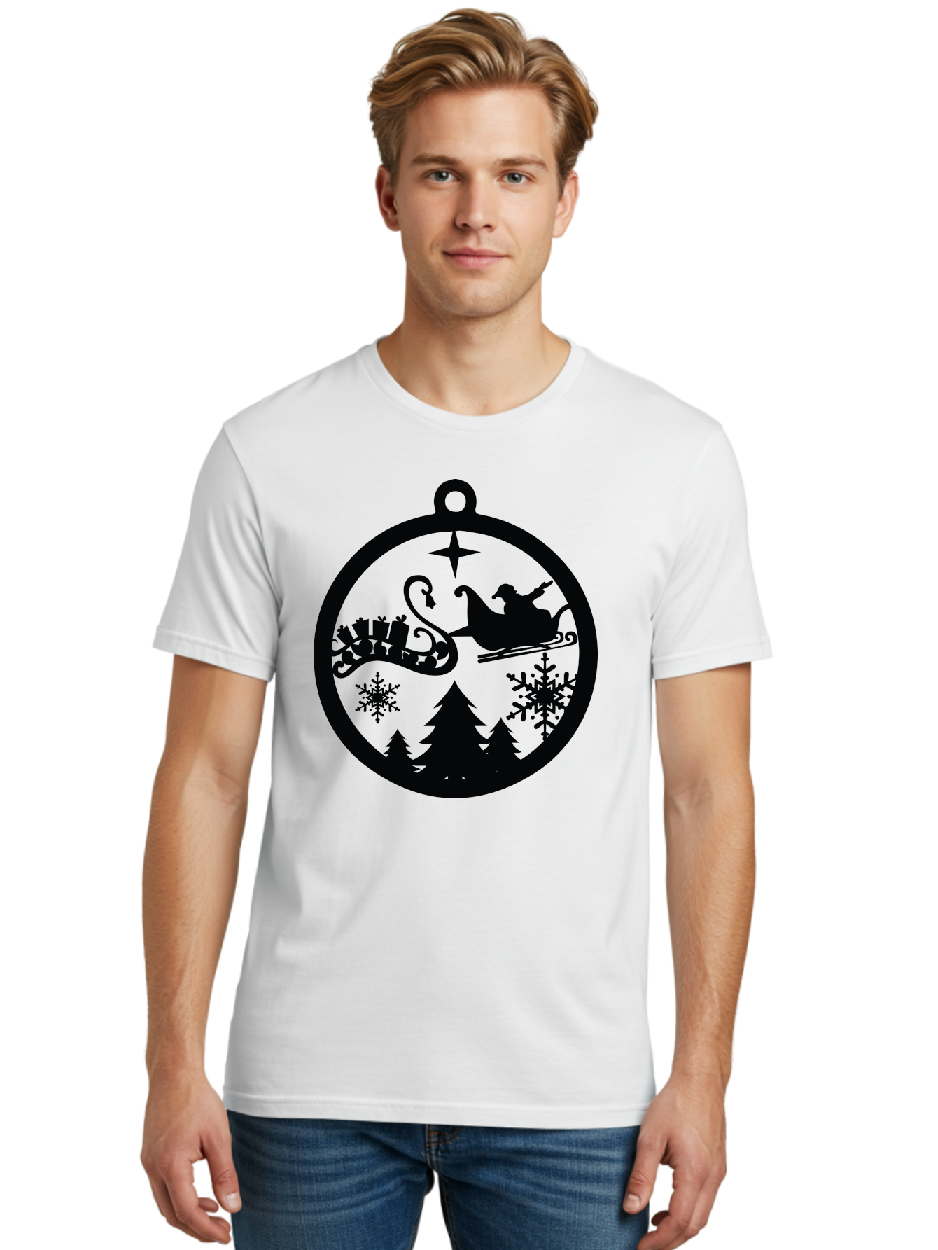 Santa-Sleigh-Ornament Men'S Graphic Tee, 100% Cotton, Comfortable Casual Summer Wear, Machine Washable, Santa Sleigh, Christmas Ornament, Festive Silhouette, Winter Wonderland, Holiday Decor, Santa Claus, Snowflakes, Christmas Trees Aad138 16