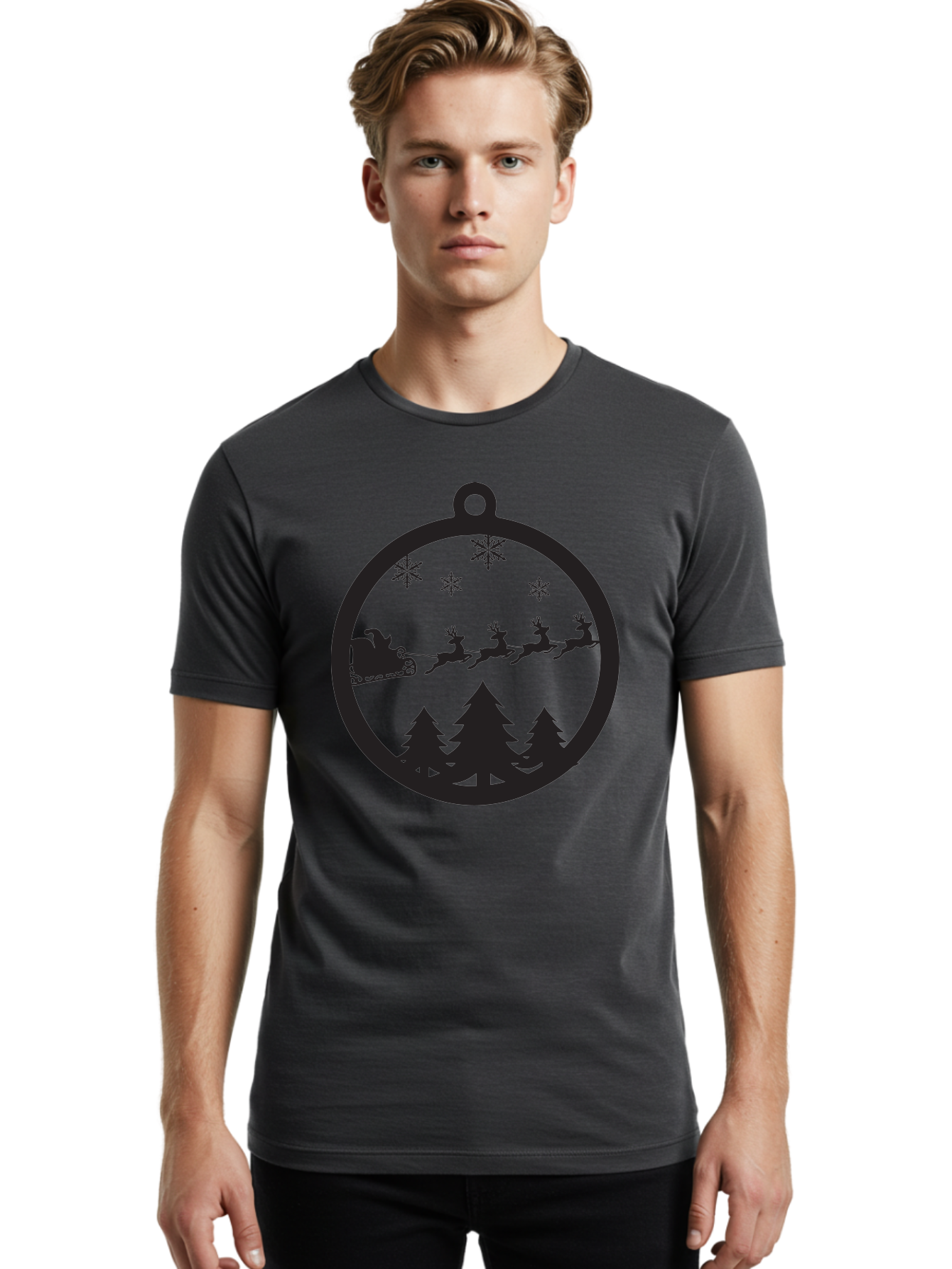 Santa-Sleigh-Silhouette Men'S Graphic Tee, 100% Cotton, Comfortable Casual Summer Wear, Machine Washable, Sleigh, Santa Claus, Reindeer, Snowy Night, Festive Trees, Holiday Decoration, Christmas Ornament, Winter Scene, Festive Atmosphere, Aad139 28