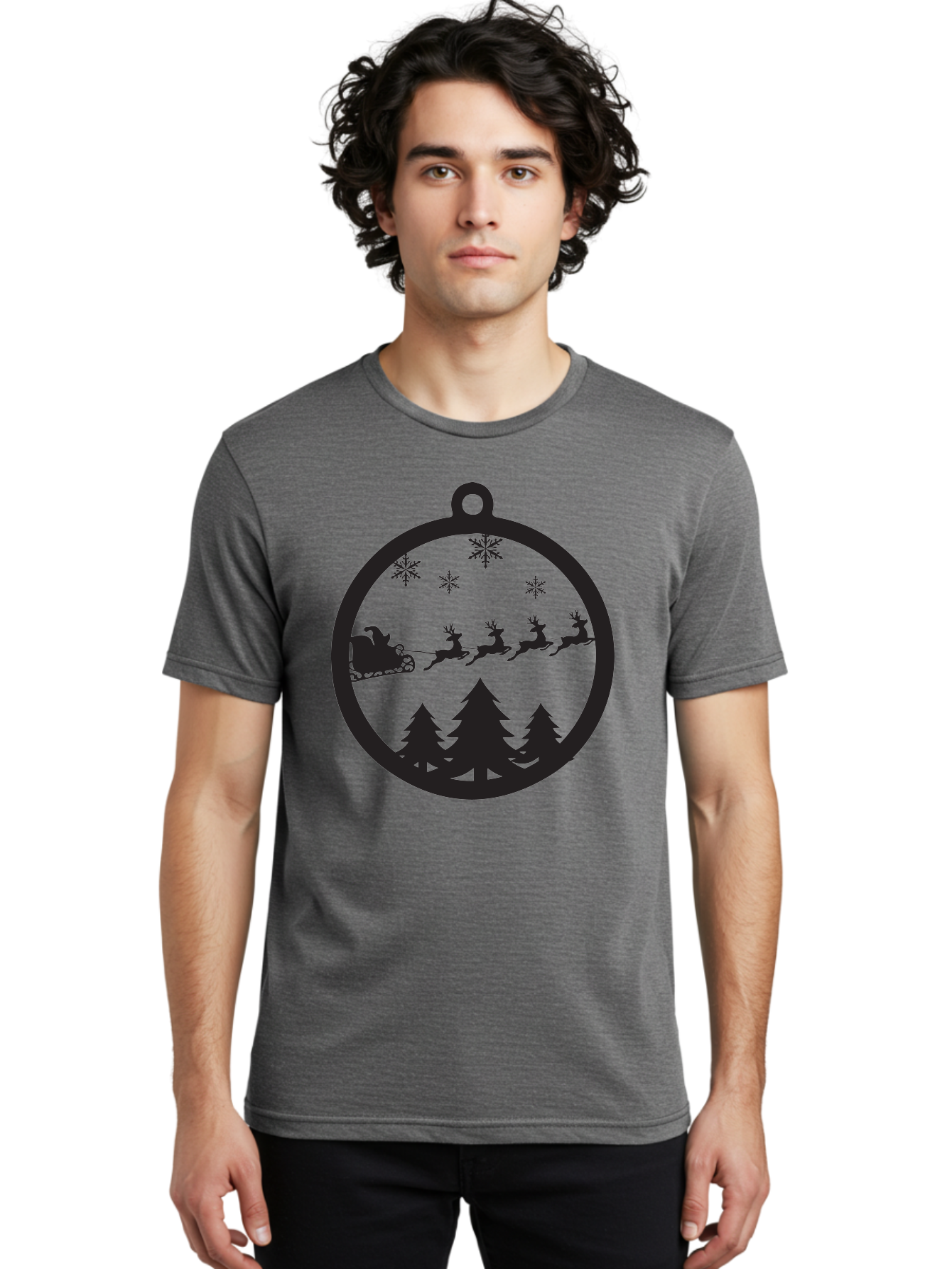 Santa-Sleigh-Silhouette Men'S Graphic Tee, 100% Cotton, Comfortable Casual Summer Wear, Machine Washable, Sleigh, Santa Claus, Reindeer, Snowy Night, Festive Trees, Holiday Decoration, Christmas Ornament, Winter Scene, Festive Atmosphere, Aad139 22