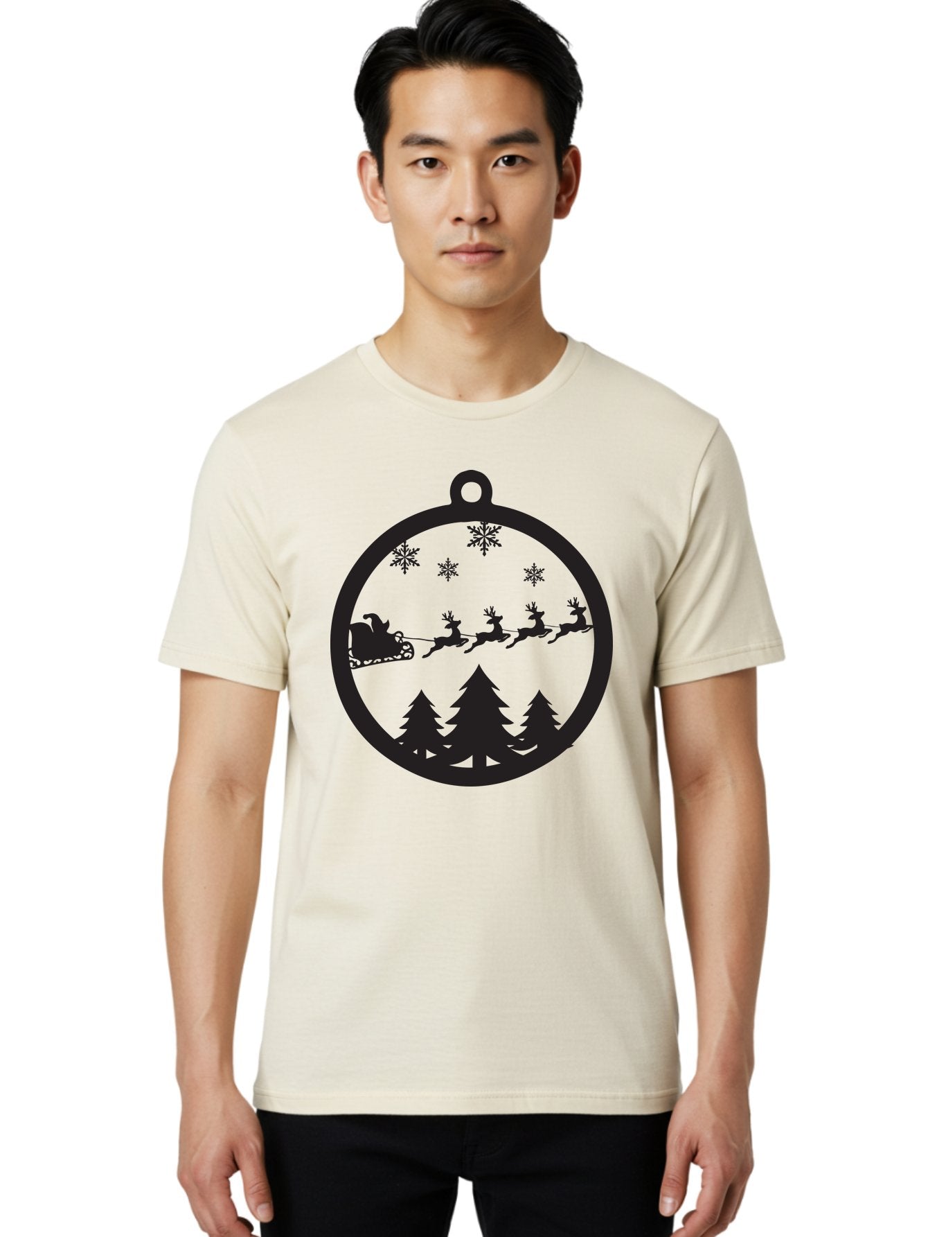 Santa-Sleigh-Silhouette Men'S Graphic Tee, 100% Cotton, Comfortable Casual Summer Wear, Machine Washable, Sleigh, Santa Claus, Reindeer, Snowy Night, Festive Trees, Holiday Decoration, Christmas Ornament, Winter Scene, Festive Atmosphere, Aad139 30