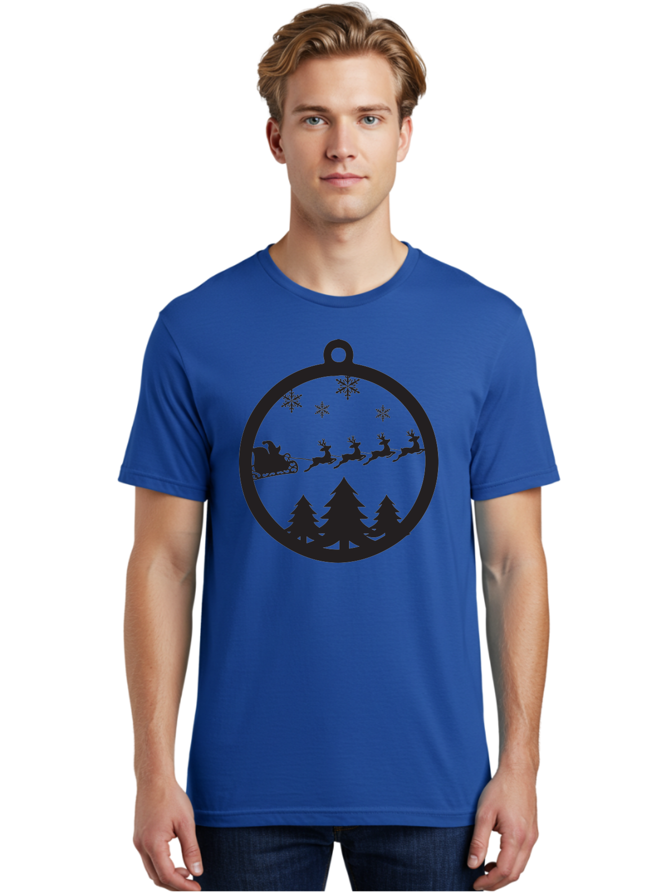 Santa-Sleigh-Silhouette Men'S Graphic Tee, 100% Cotton, Comfortable Casual Summer Wear, Machine Washable, Sleigh, Santa Claus, Reindeer, Snowy Night, Festive Trees, Holiday Decoration, Christmas Ornament, Winter Scene, Festive Atmosphere, Aad139 24